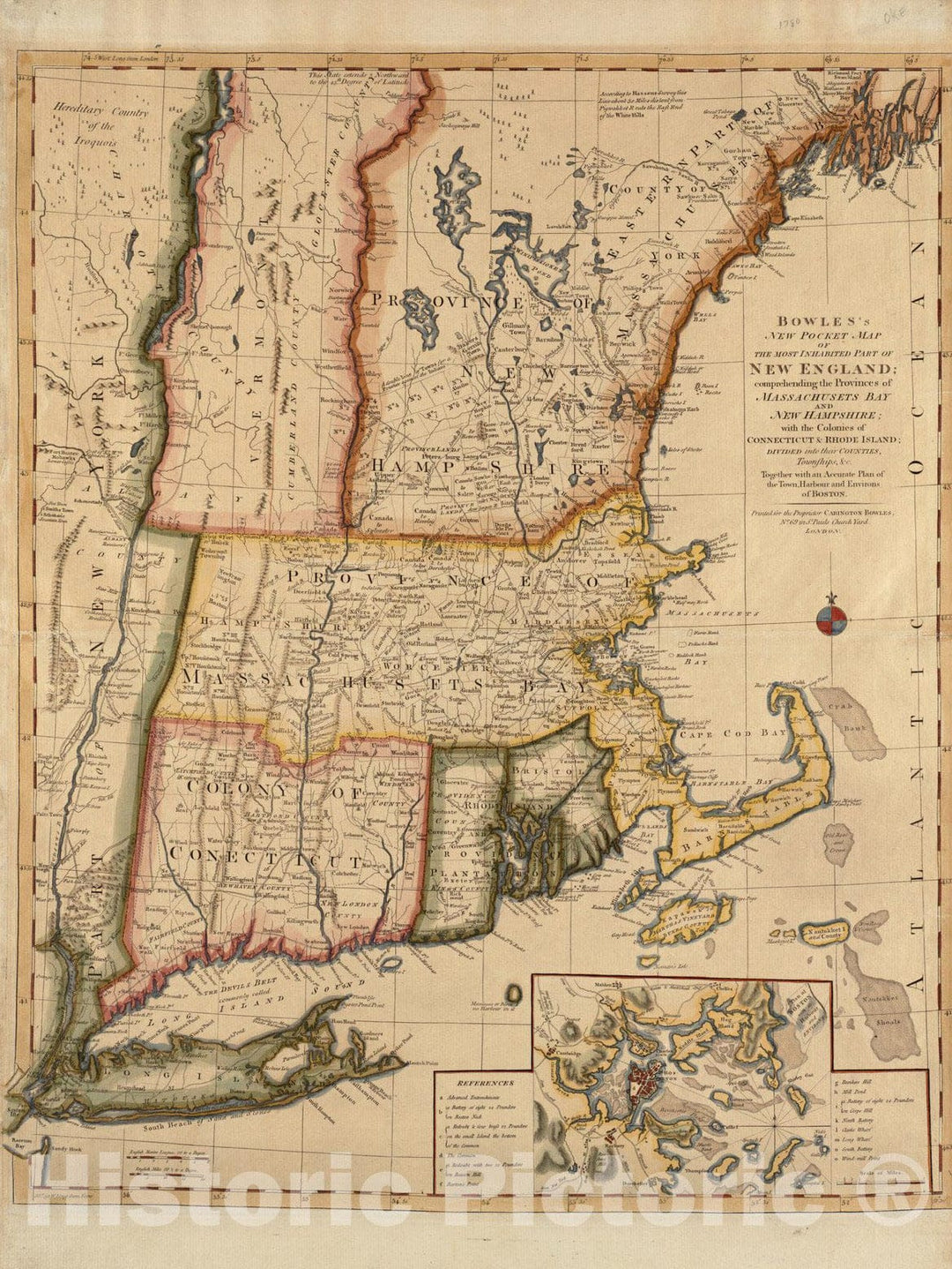 Historical Map, 1776 Bowles's New Pocket map of The Most inhabited Part of New England : comprehending The Provinces of Massachusets Bay and New Hampshire, Vintage Wall Art