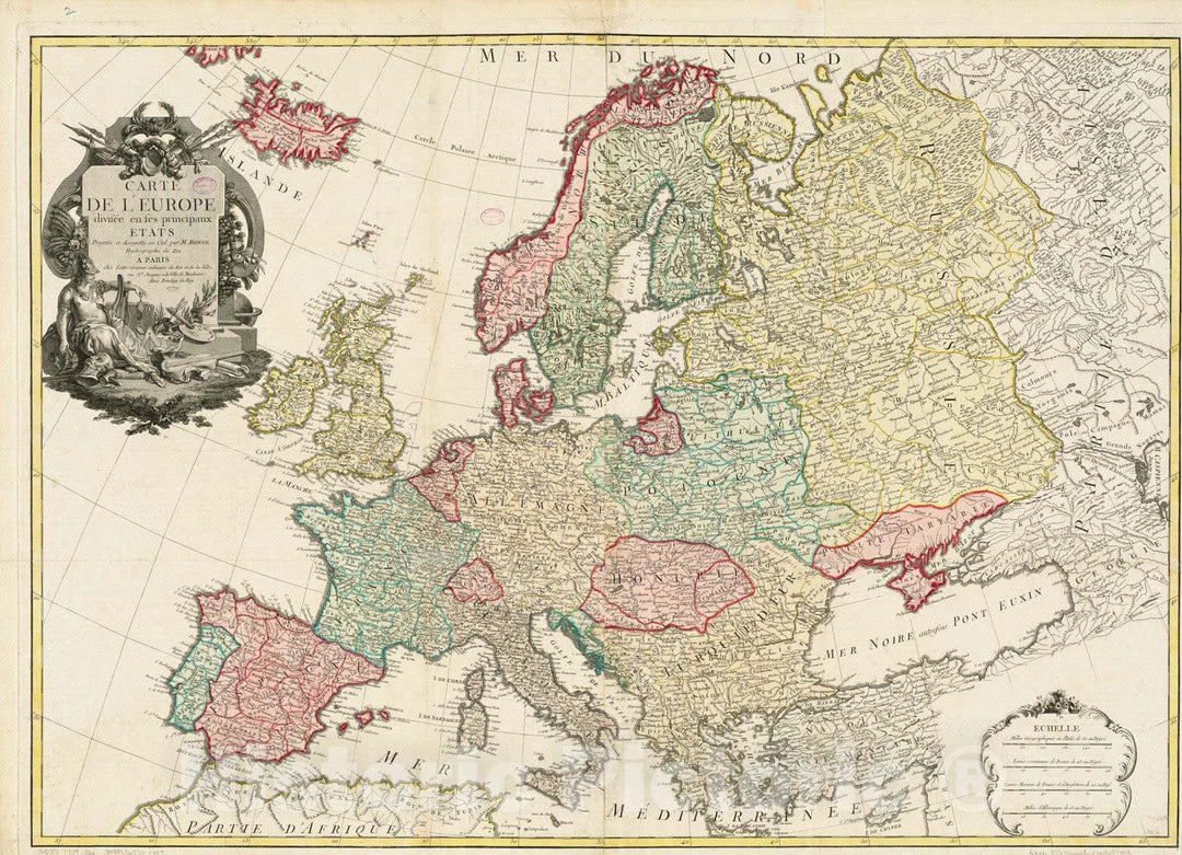 Historical Map, 1779 Carte de l'Europe divisee en SES principaux etats, Vintage Wall Art