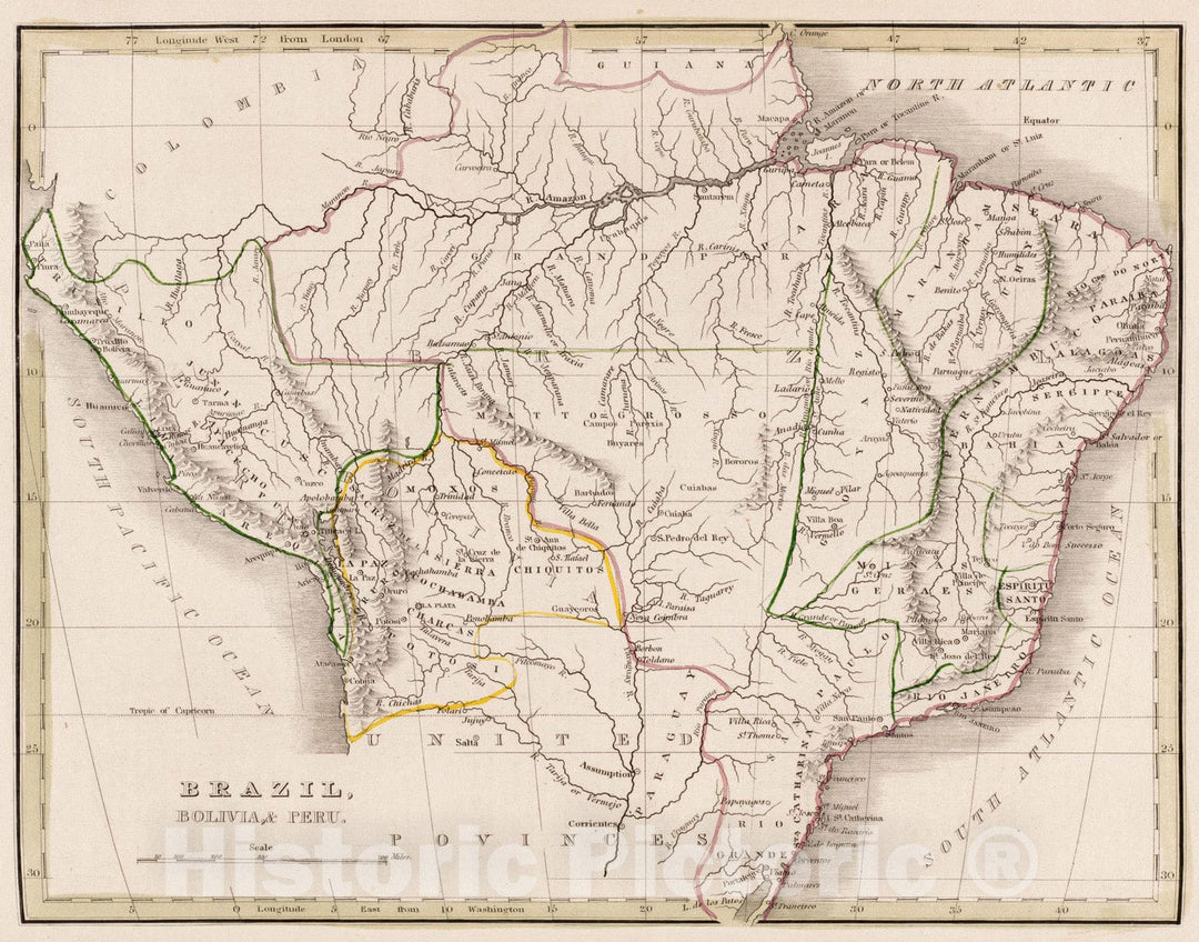 Historical Map, 1835 Brazil, Bolivia, Peru, Vintage Wall Art