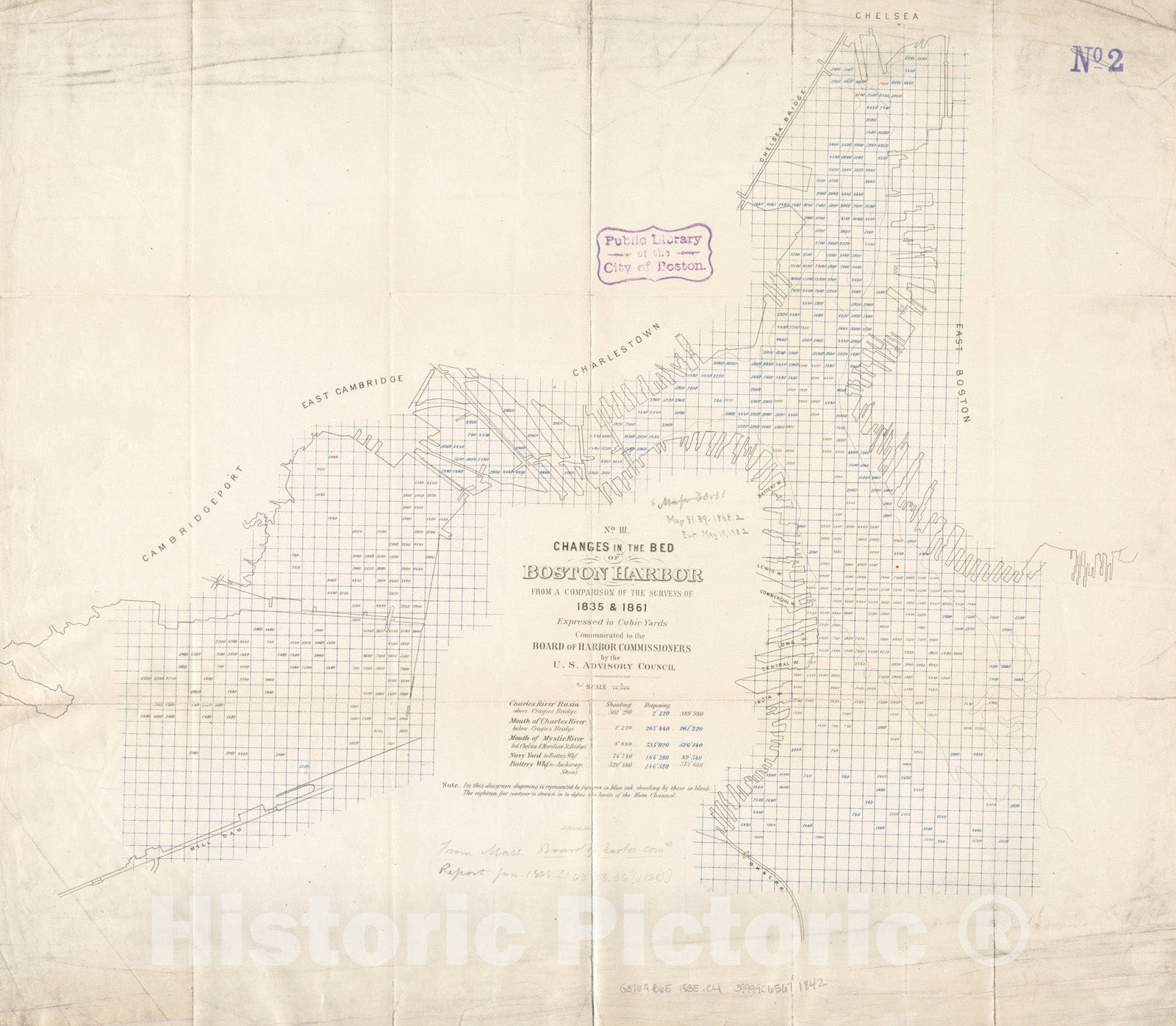 Historical Map, Changes in The Bed of Boston Harbor, from a Comparison of The surveys of 1835 & 1861, Vintage Wall Art