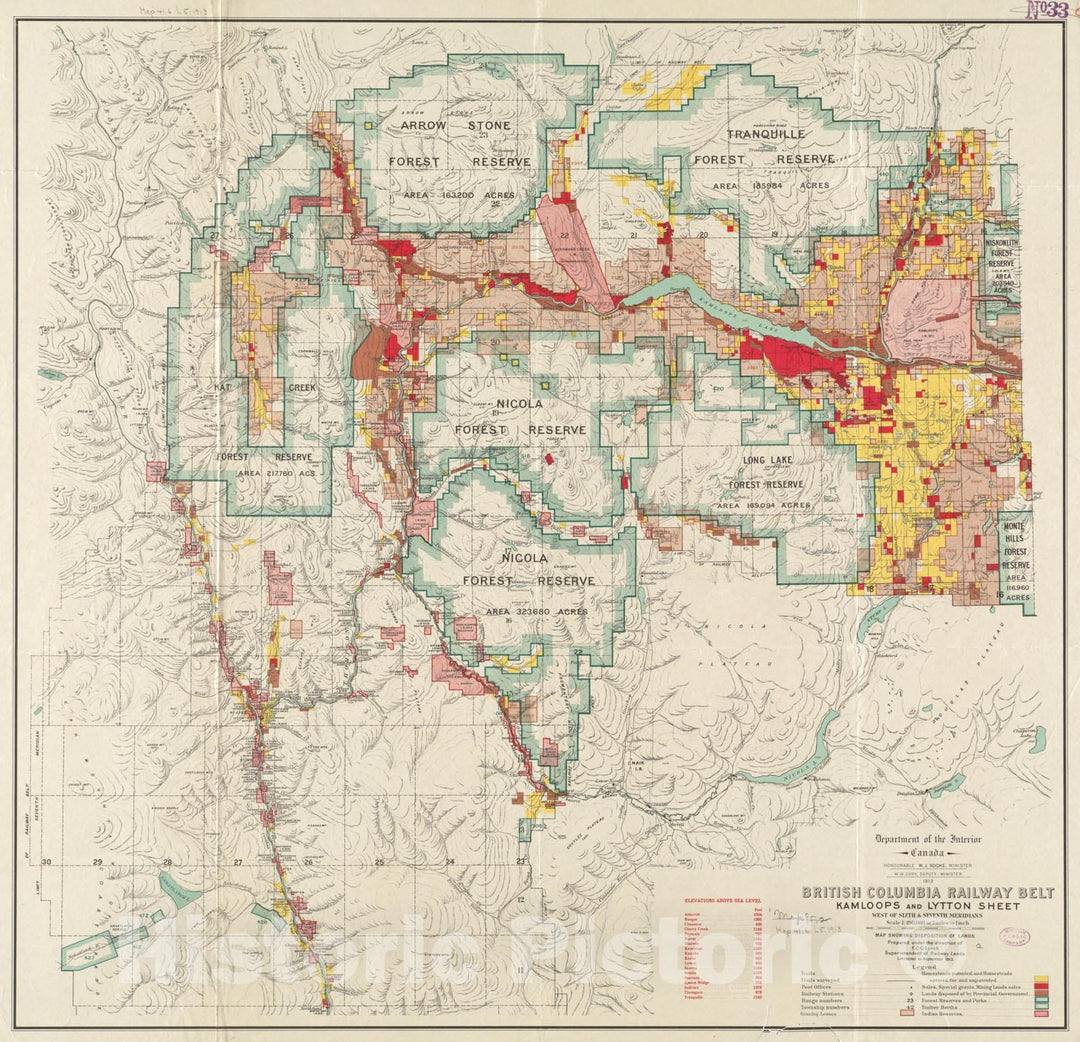 Historical Map, 1913 British Columbia Railway Belt, Kamloops and Lytton Sheet : west of Sixth & Seventh meridians : map Showing Disposition of Lands, Vintage Wall Art