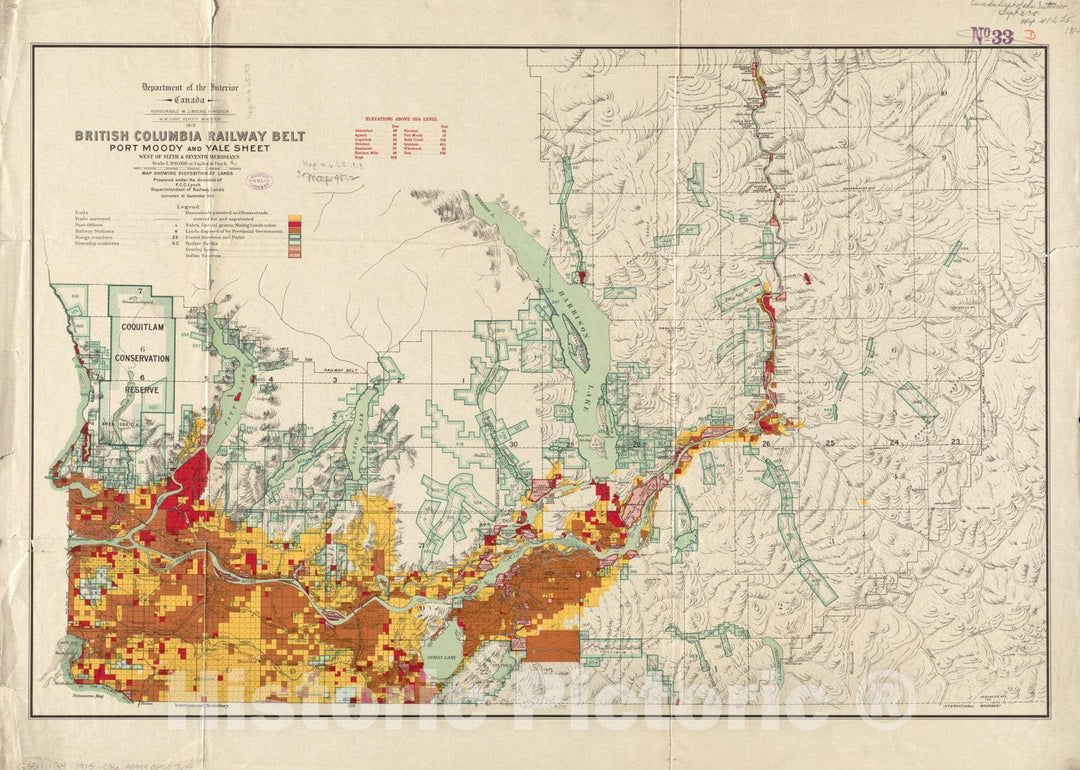 Historical Map, 1913 British Columbia Railway Belt : Port Moody and Yale Sheet, west of Sixth & Seventh meridians : map Showing Disposition of Lands, Vintage Wall Art