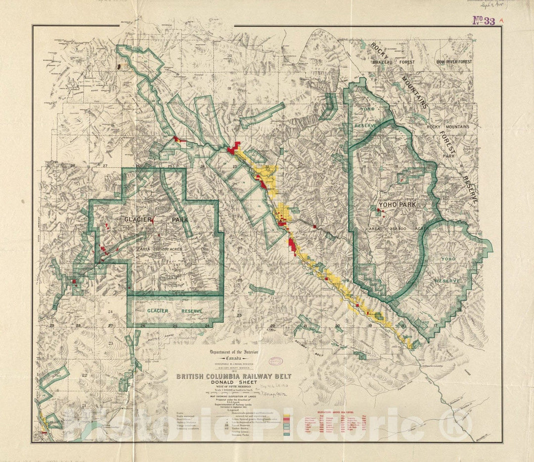 Historical Map, 1913 British Columbia Railway Belt : Donald Sheet, west of Fifth Meridian : map Showing Disposition of Lands, Vintage Wall Art