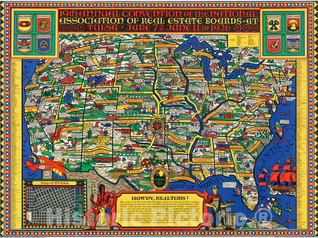 Historical Map, 19th Annual Convention of The National Association of Real Estate Boards : at Tulsa, June 7 to June 11 in 1926, Vintage Wall Art