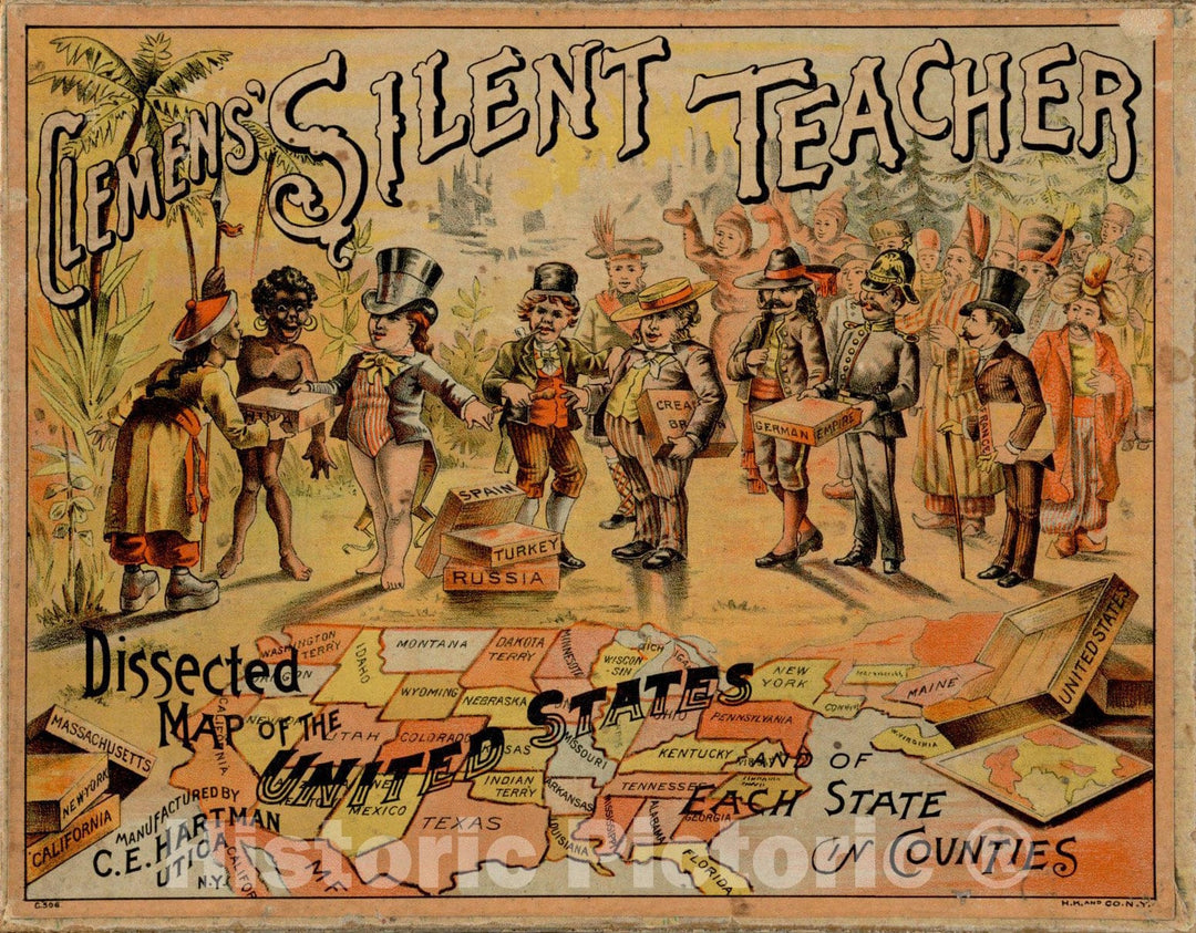 Historical Map, 1880-1889 Clemens' Silent Teacher, dissected map of The United States and of Each State in Counties, Vintage Wall Art