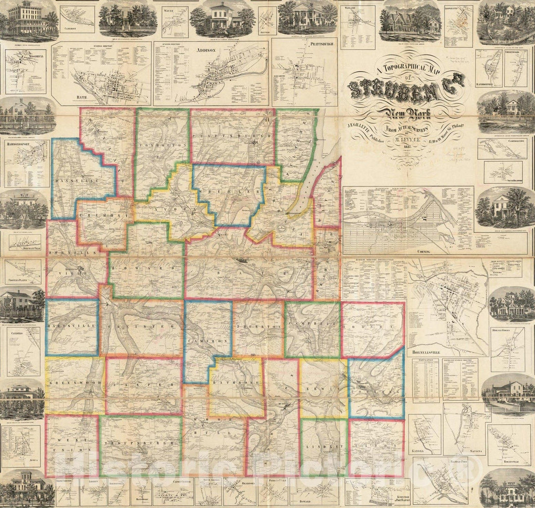 Historical Map, 1857 A topographical map of Steuben Co, New York : from actual surveys, Vintage Wall Art