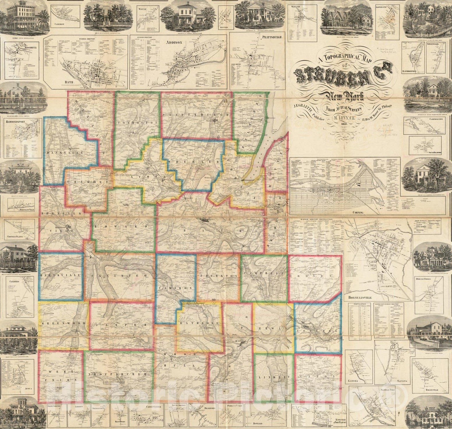 Historical Map, 1857 A topographical map of Steuben Co, New York : from actual surveys, Vintage Wall Art