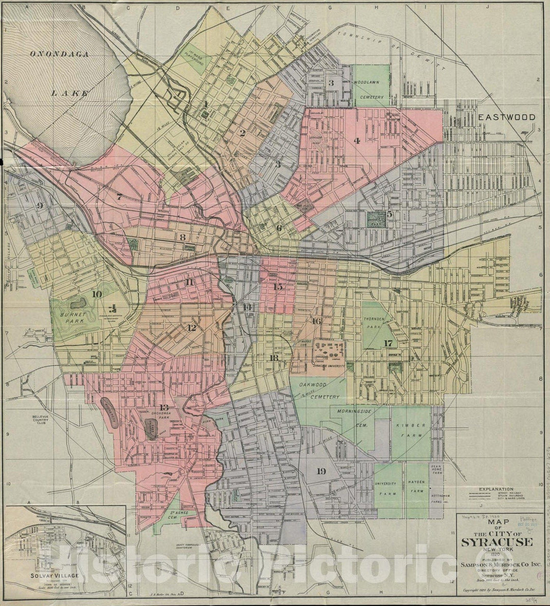 Historical Map, 1920 Map of the City of Syracuse, New York, Vintage Wall Art