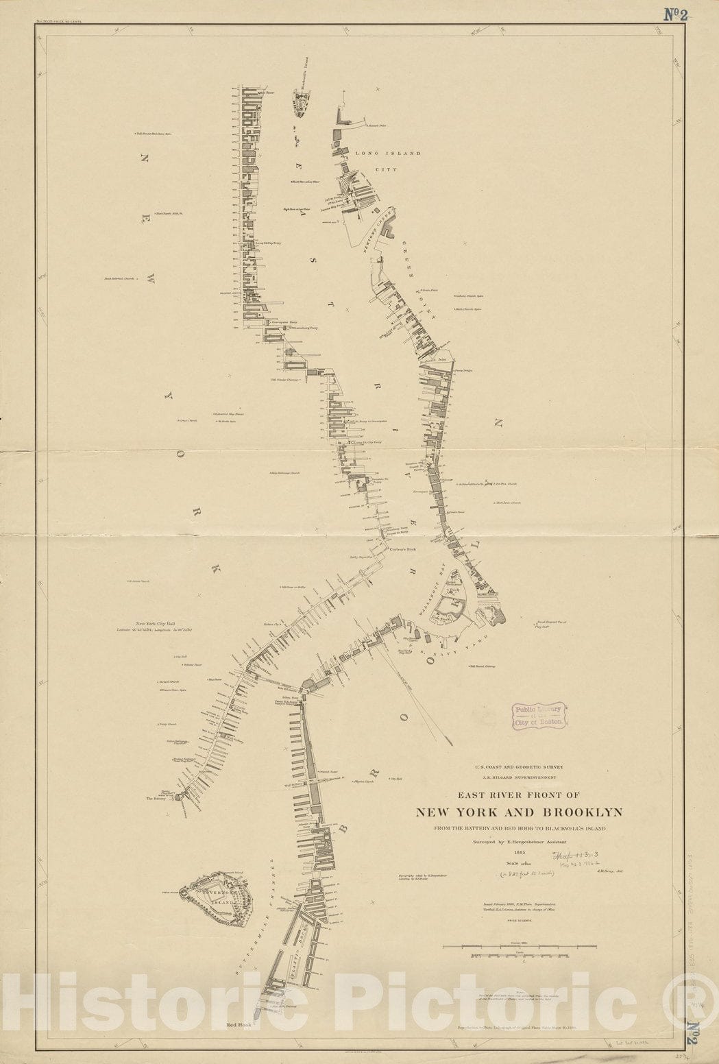 Historical Map, 1886 East River front of New York and Brooklyn from the Battery and Red Hook to Blackwell's Island, Vintage Wall Art