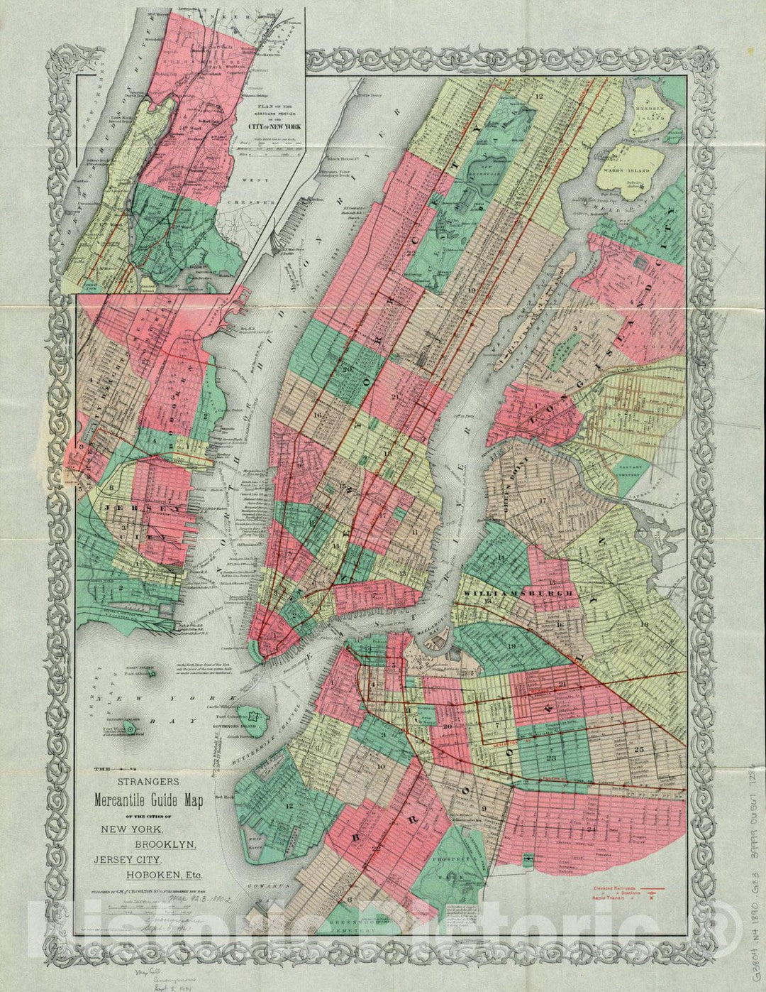 Historical Map, 1890 The Strangers mercantile Guide map of The Cities of New York, Brooklyn, Jersey City, Hoboken, etc, Vintage Wall Art