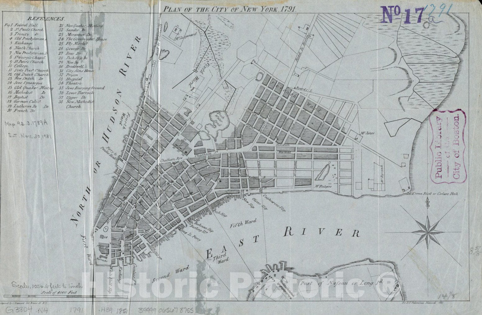 Historical Map, Plan of The City of New York, 1791, Vintage Wall Art