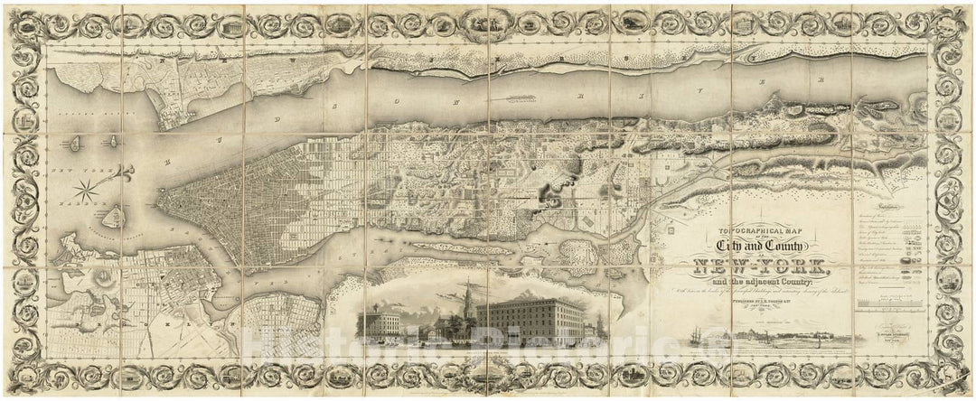 Historical Map, 1836 Topographical map of The City and County of New-York, and The Adjacent Country : with Views in The Border of The Principal Buildings, Vintage Wall Art