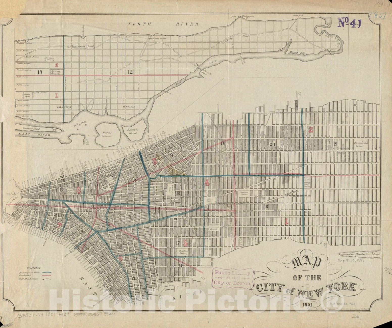 Historical Map, 1851 Map of The City of New York, Vintage Wall Art