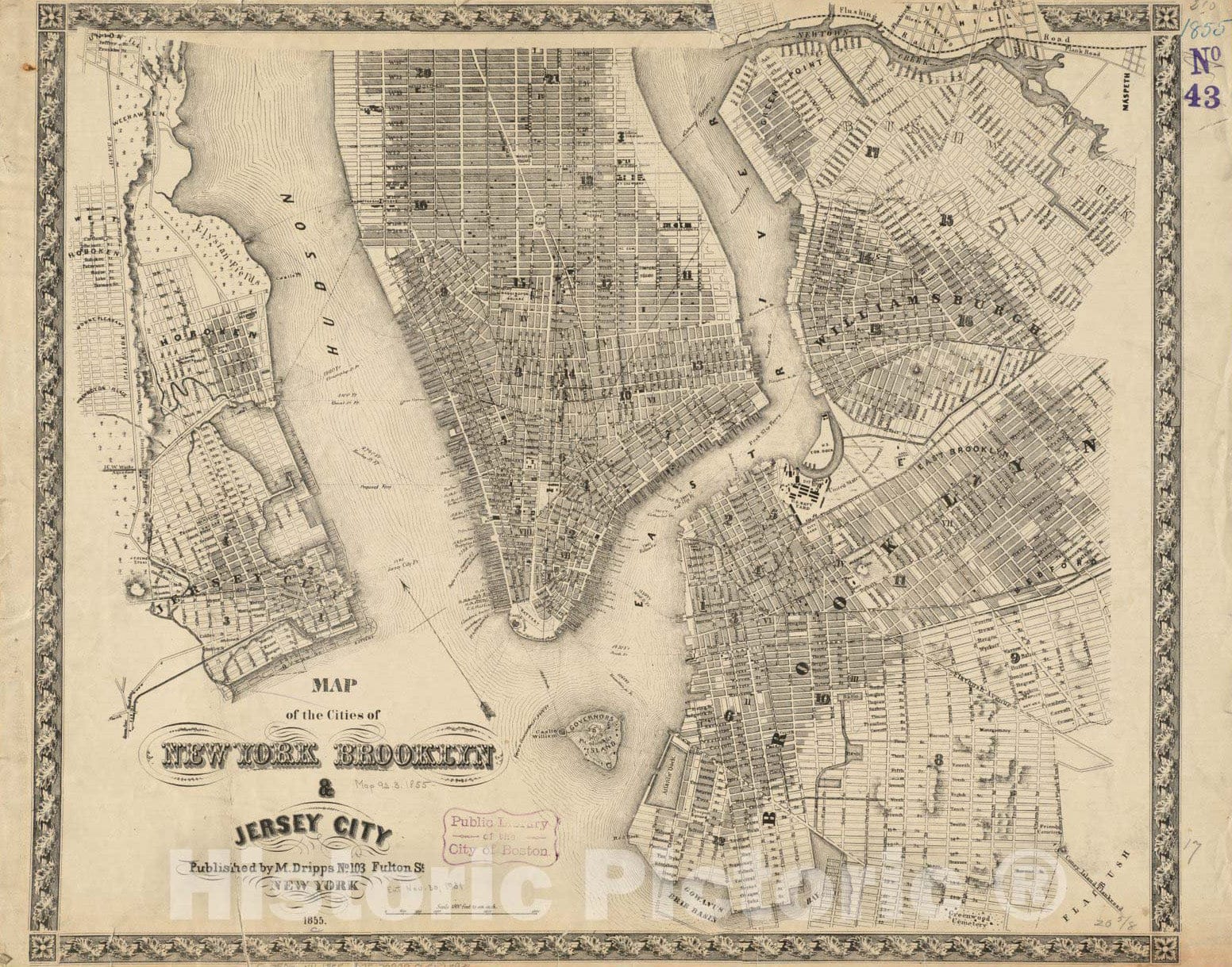 Historical Map, 1855 Map of the cities of New York, Brooklyn & Jersey City, Vintage Wall Art