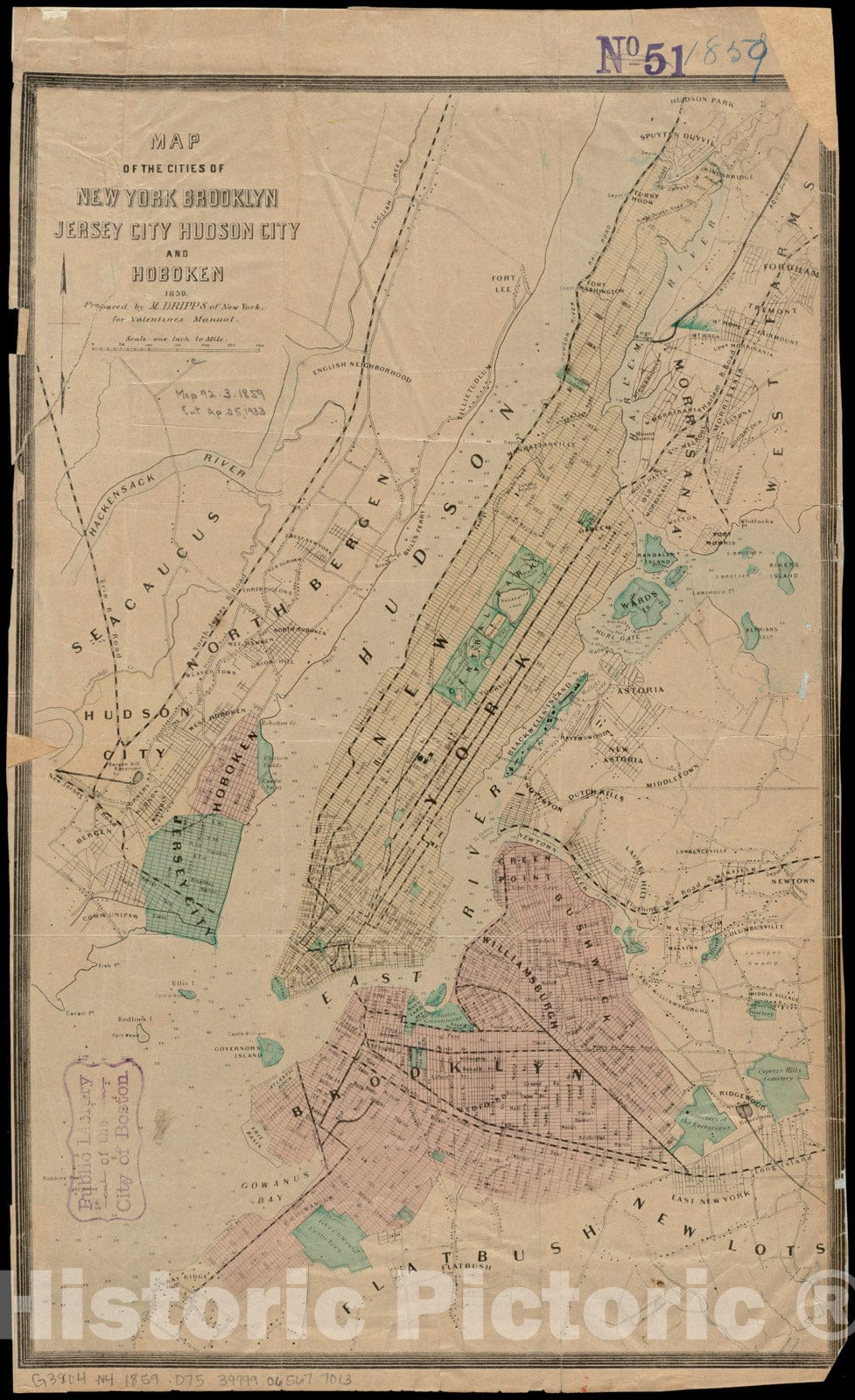 Historical Map, 1859 Map of The Cities of New York, Brooklyn, Jersey City, Hudson City and Hoboken, Vintage Wall Art