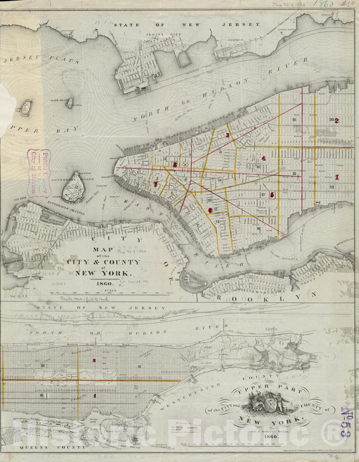 Historical Map, 1860 Map of The City & County of New York ; Upper Part of The City and County of New York on a Reduced Scale, Vintage Wall Art