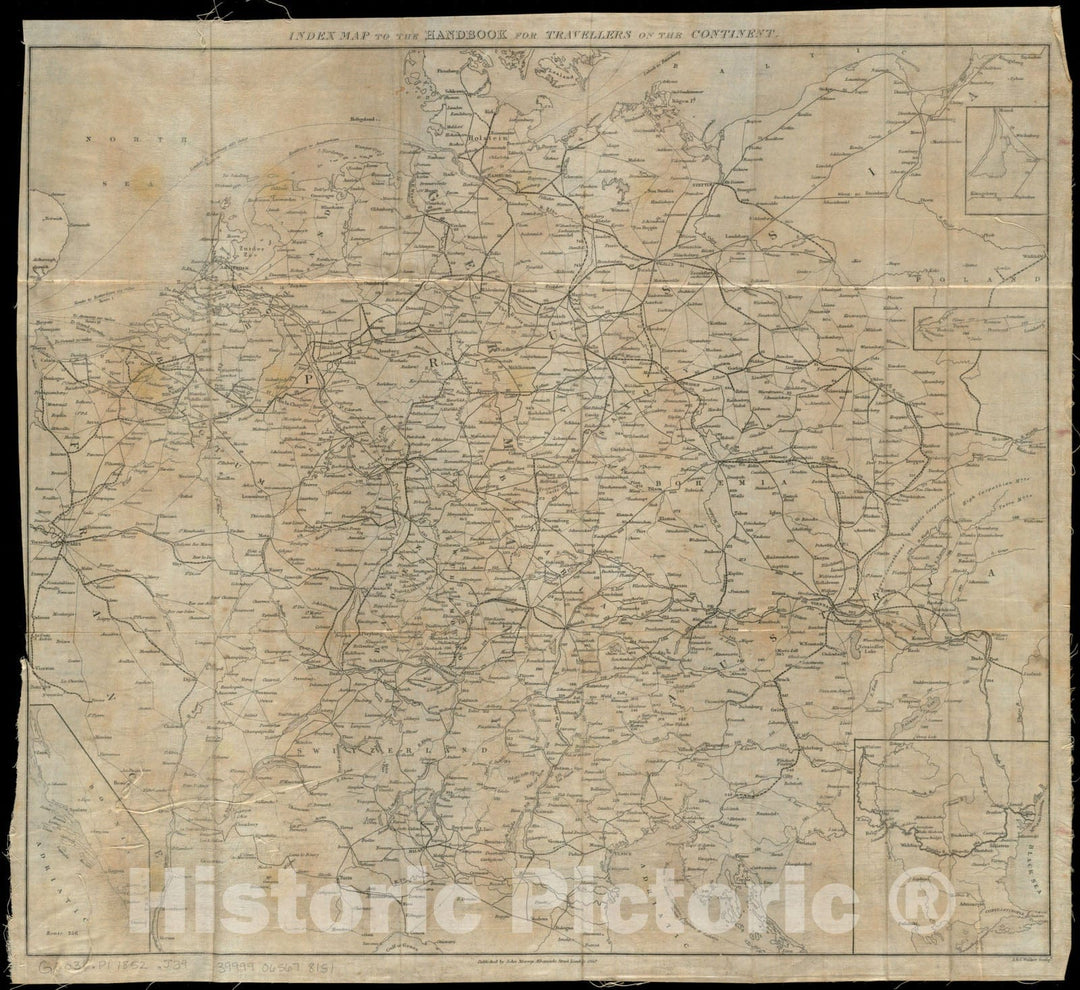 Historical Map, 1852 Index map to the handbook for travellers on the continent, Vintage Wall Art