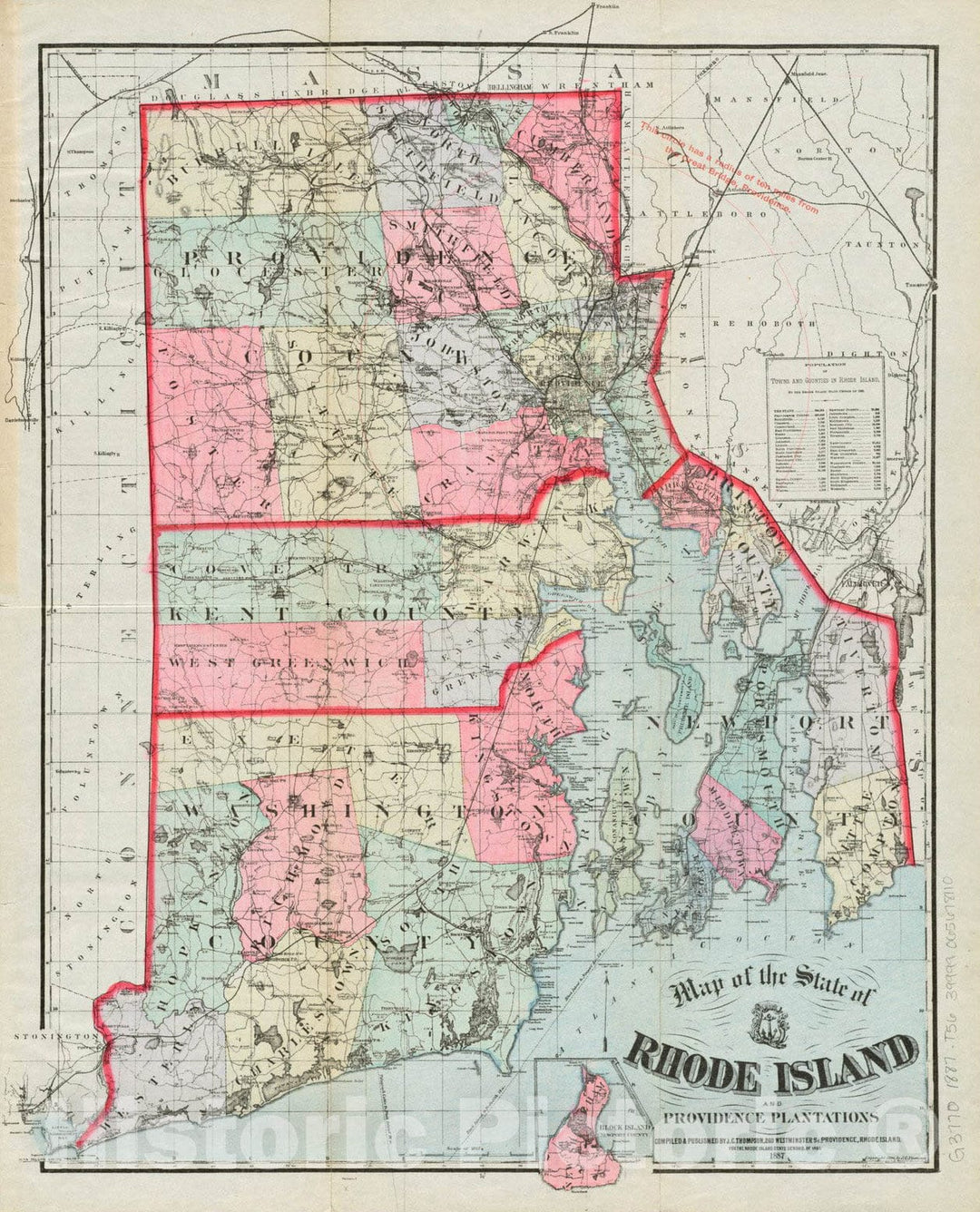 Historical Map, 1887 Map of The State of Rhode Island and Providence Plantations, Vintage Wall Art