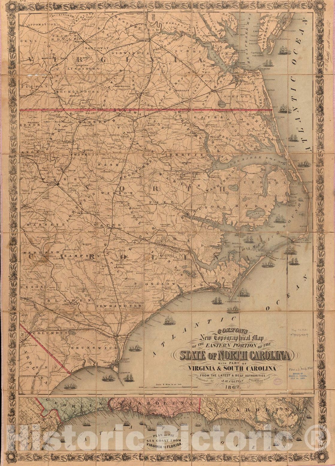 Historical Map, 1862 Colton's New Topographical map of The Eastern Portion of The State of North Carolina with pof Virginia & South Carolina from The Latest & Best Authorities Reprint