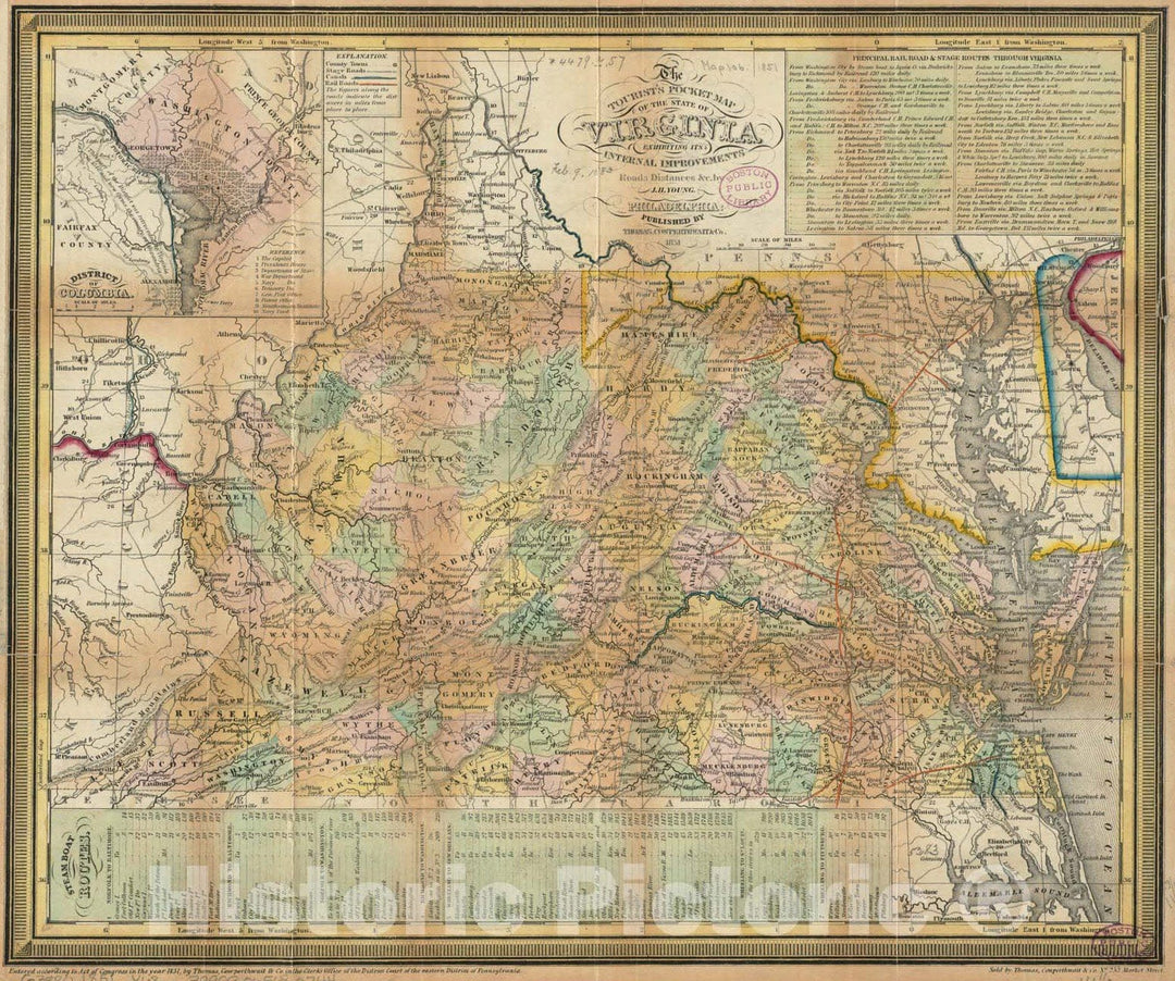 Historical Map, 1851 The tourist's Pocket map of The State of Virginia : exhibiting its Internal improvements, Roads, Distances et Cetera, Vintage Wall Art