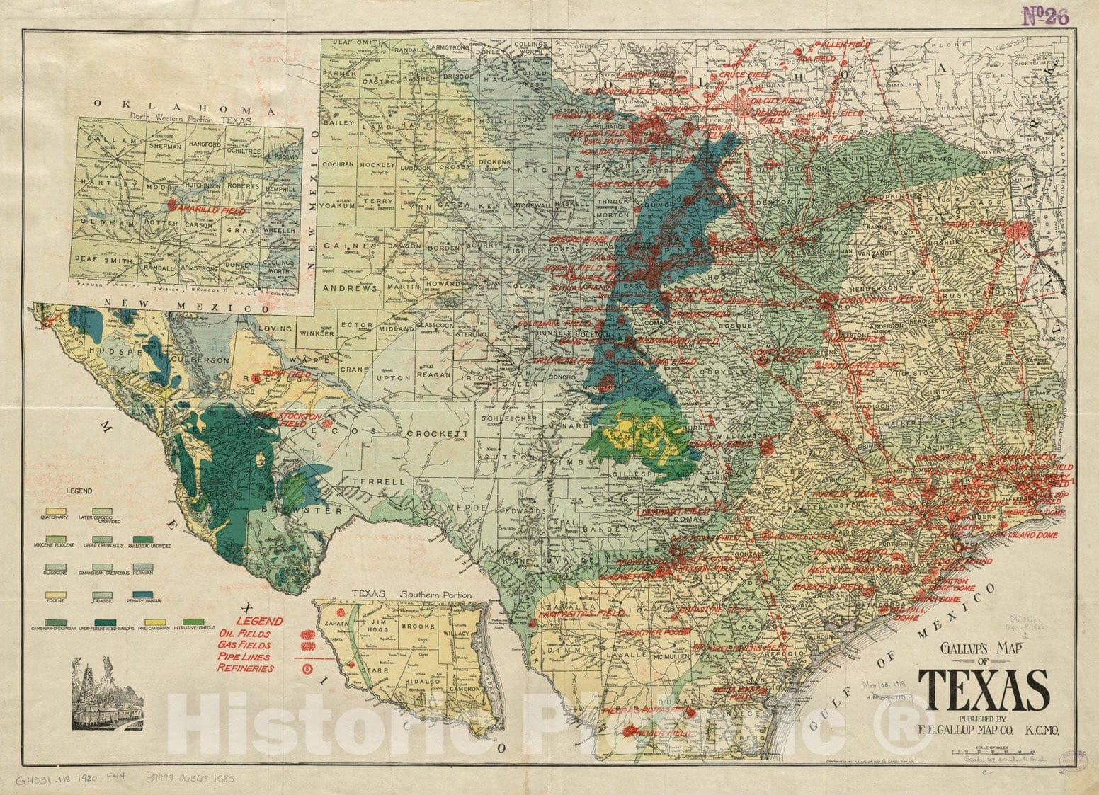 Historical Map, 1917-1920 Gallup's map of Texas, Vintage Wall Art