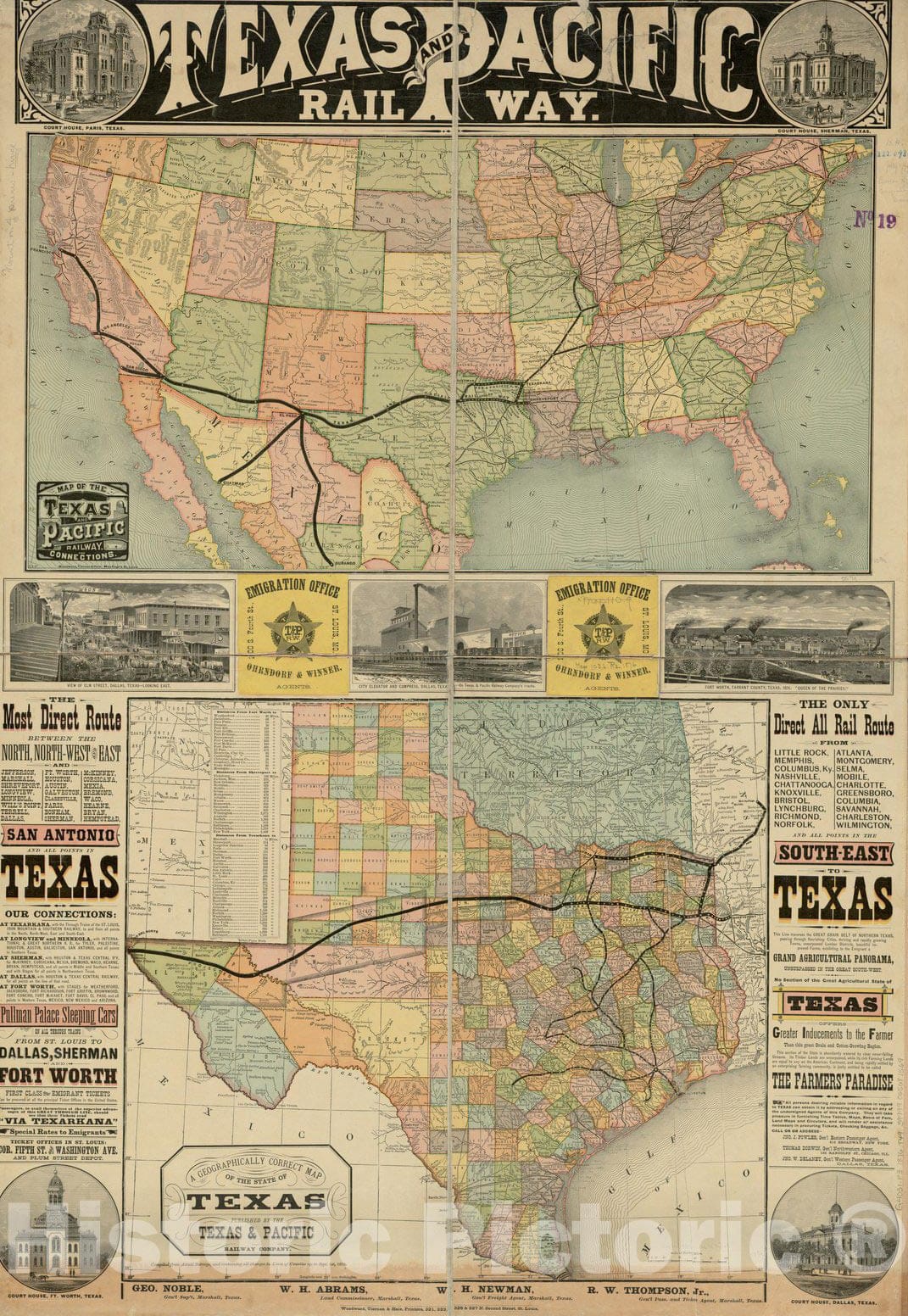 Historical Map, 1876 Texas and Pacific Rail Way, Vintage Wall Art