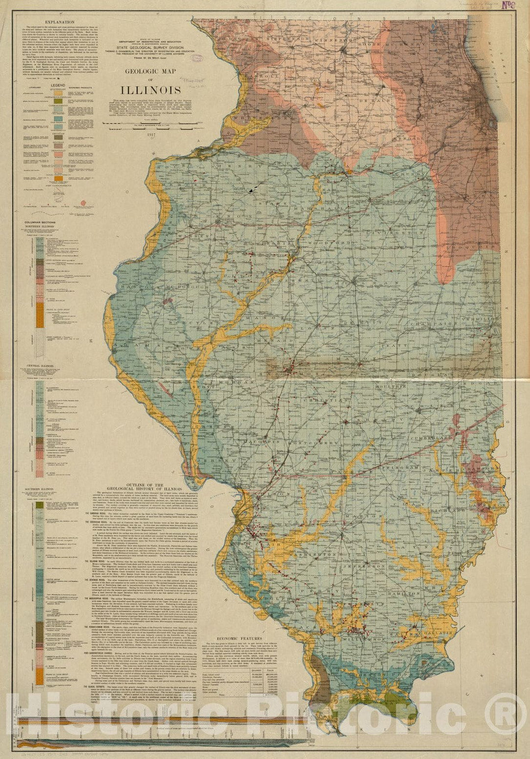 Historical Map, 1917 Geologic map of Illinois, Vintage Wall Art