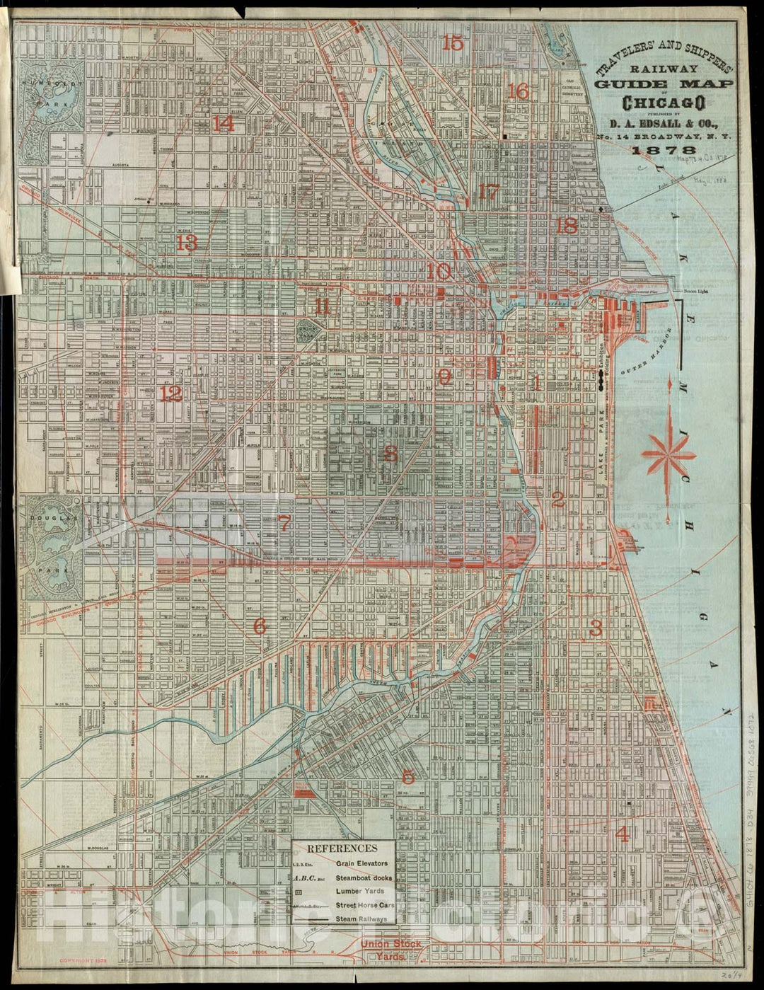 Historical Map, 1878 Travelers' and shippers' Railway Guide map of Chicago, Vintage Wall Art