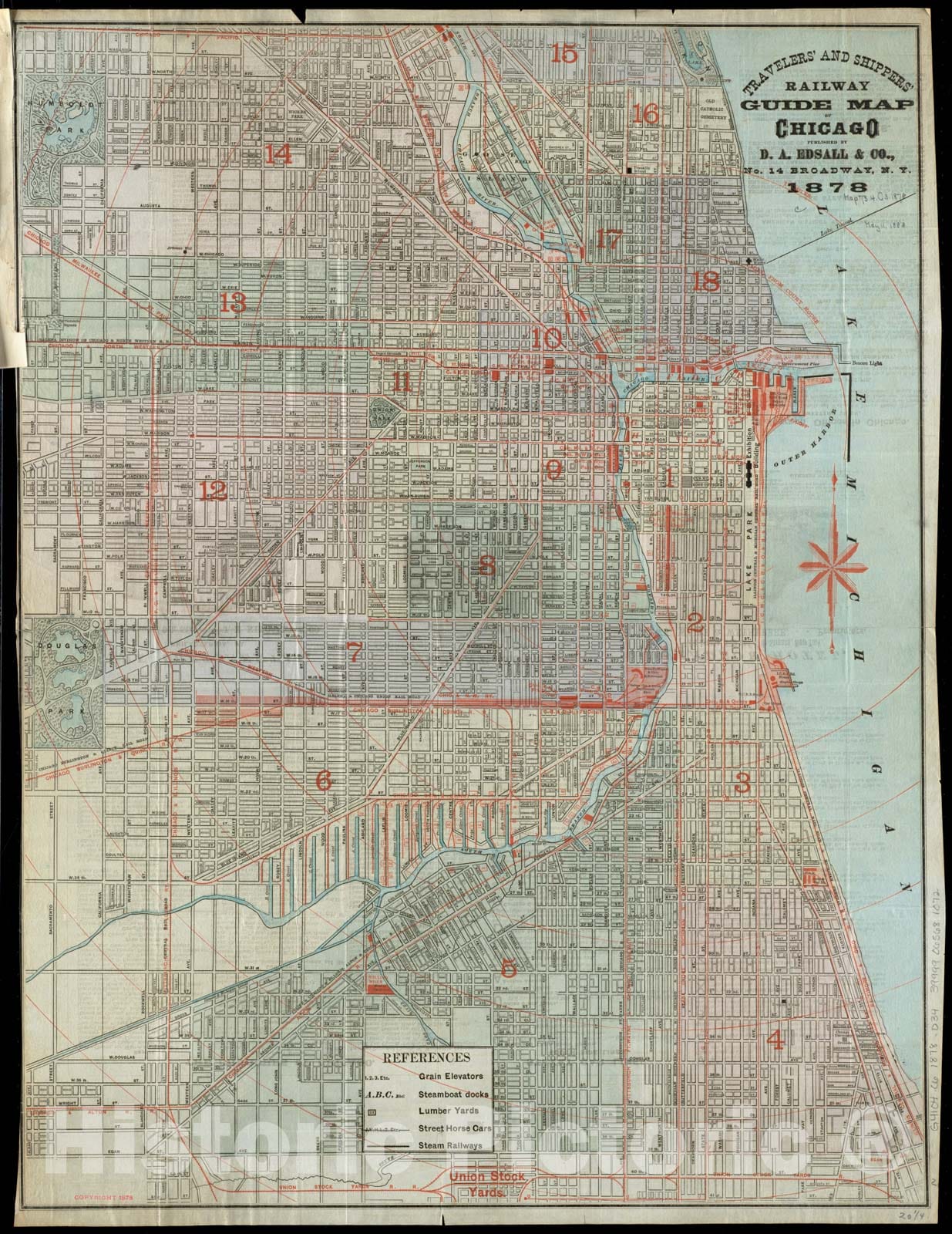 Historical Map, 1878 Travelers' and shippers' Railway Guide map of Chicago, Vintage Wall Art