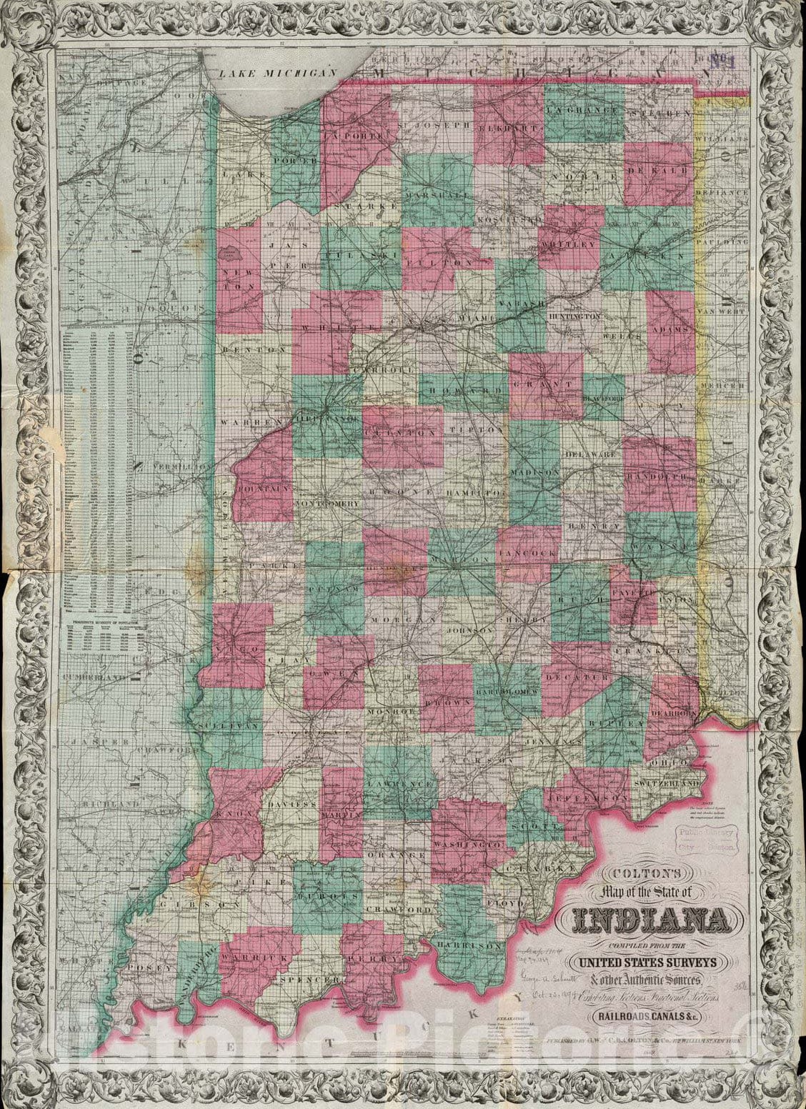 Historical Map, 1869 Colton's map of the state of Indiana : compiled from the United States surveys & other authentic sources ; exhibiting sections, fractional sections, Vintage Wall Art