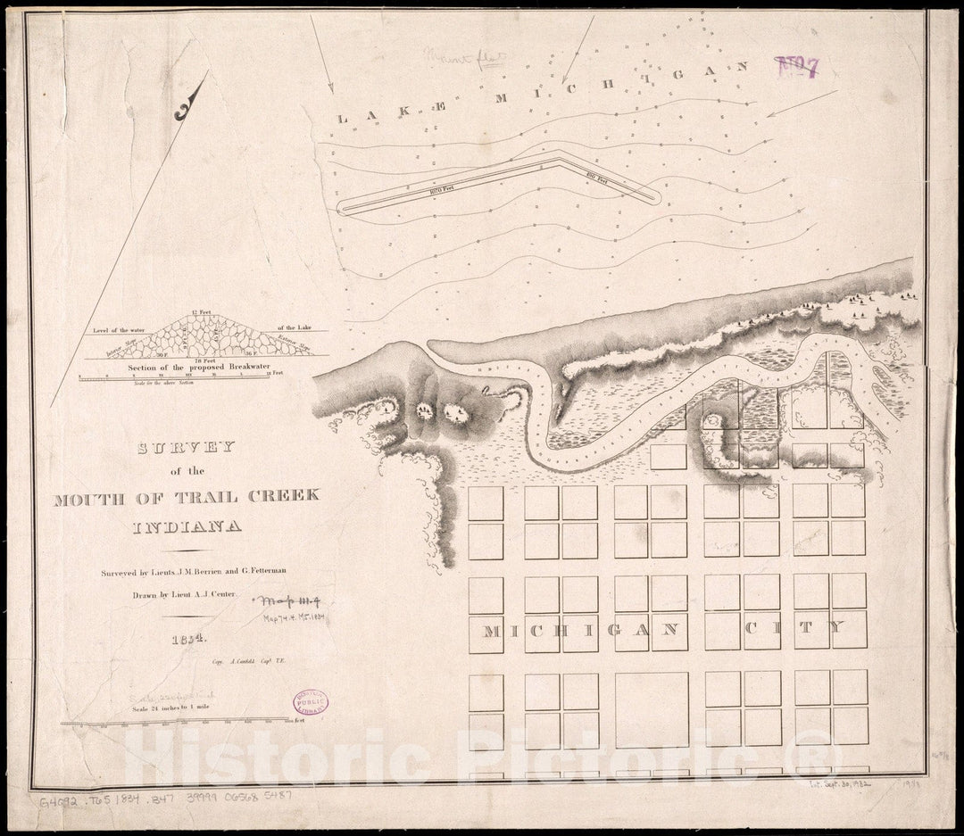 Historical Map, 1834 Survey of The Mouth of Trail Creek, Indiana, Vintage Wall Art