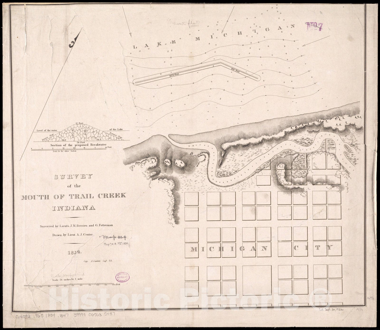 Historical Map, 1834 Survey of The Mouth of Trail Creek, Indiana, Vintage Wall Art