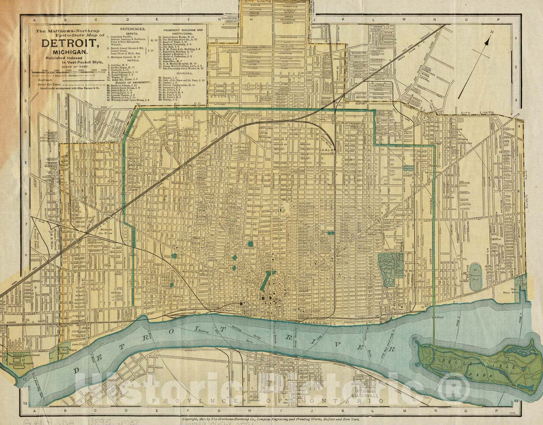 Historical Map, ca. 1895 The Matthews-Northrup up-to-Date map of Detroit, Michigan, Vintage Wall Art