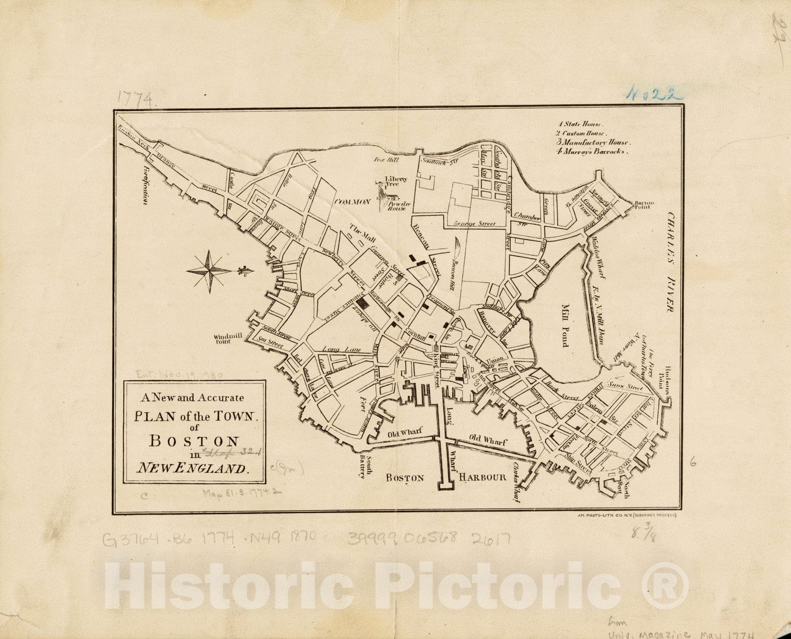 Historical Map, 1870-1879 A New and Accurate Plan of The Town of Boston in New England, Vintage Wall Art