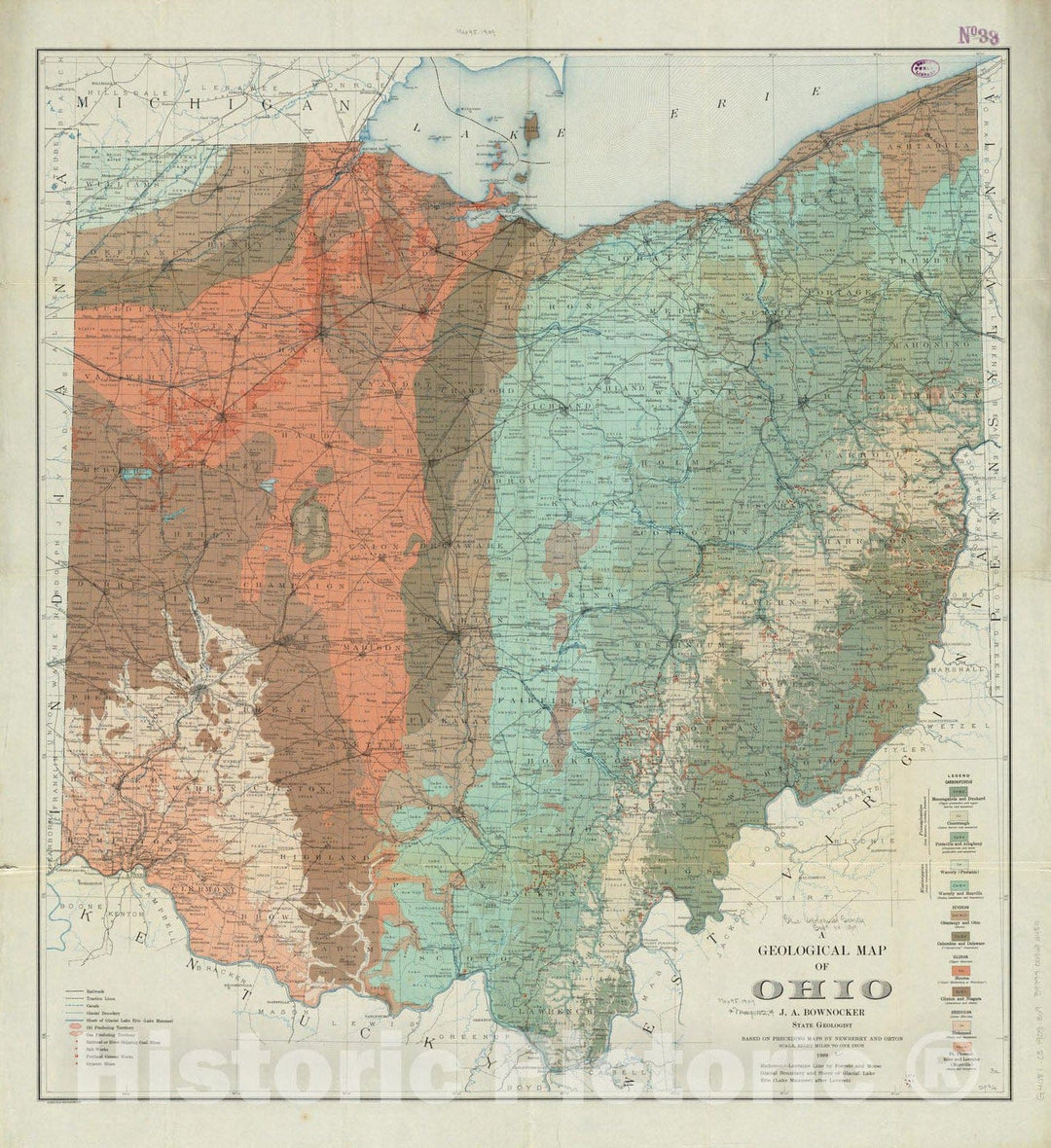 Historical Map, 1909 A geological map of Ohio, Vintage Wall Art