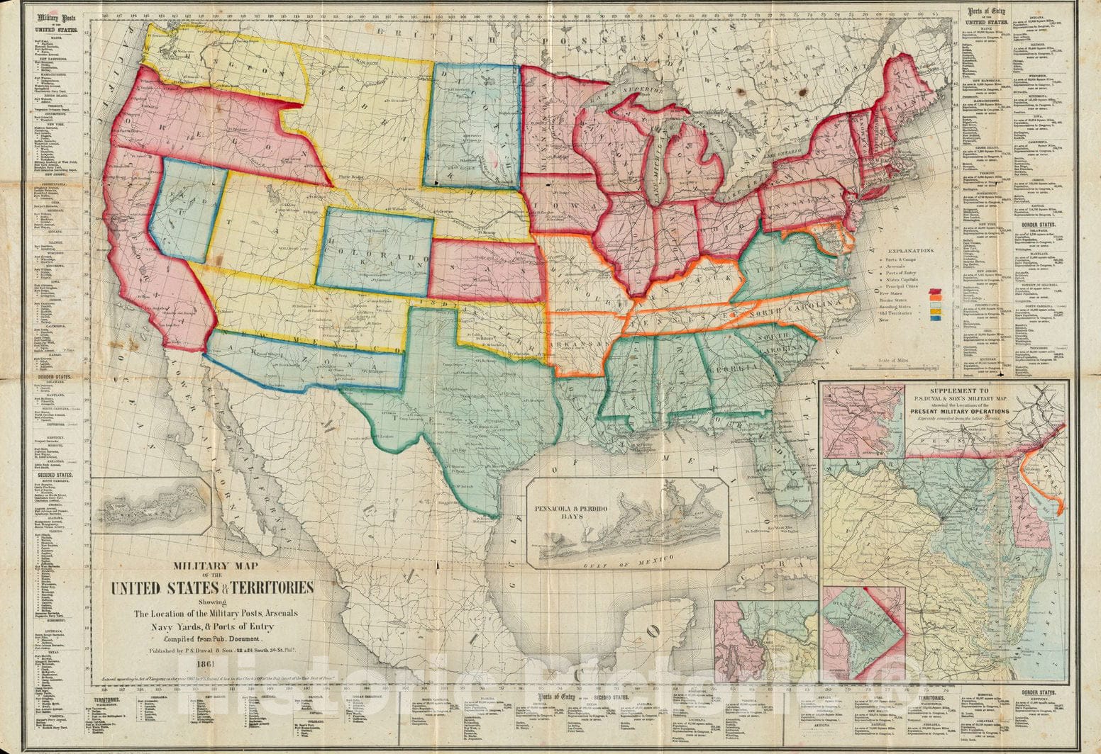 Historical Map, 1861 Military map of the United States & territories showing the location of the military posts, arsenals, Navy yards, & ports of entry : compiled from pub_document, Vintage Wall Art