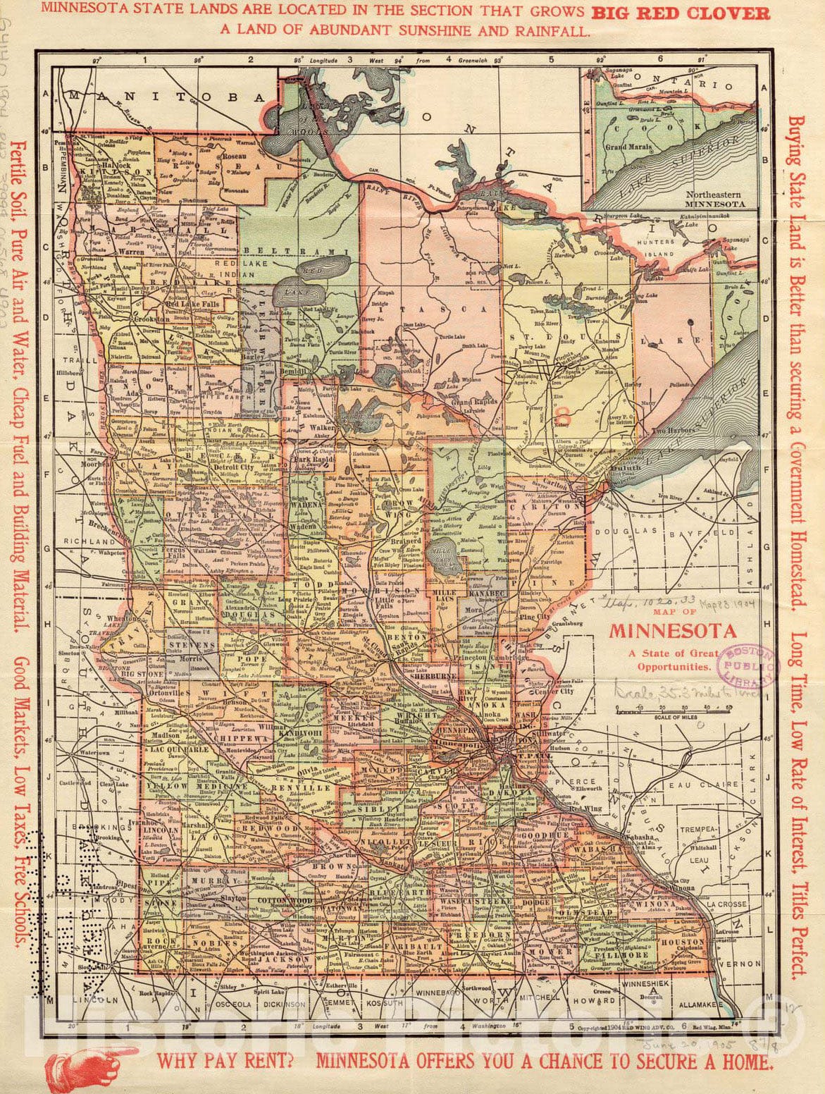 Historical Map, ca. 1904 Map of Minnesota : a State of Great Opportunities, Vintage Wall Art