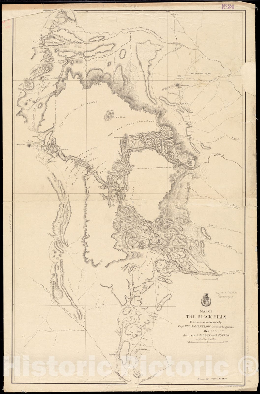 Historical Map, Map of The Black Hills from a Reconnaissance by Capt. William Ludlow, Corps of Engineers, 1874, and maps of Warren and Raynolds, Vintage Wall Art