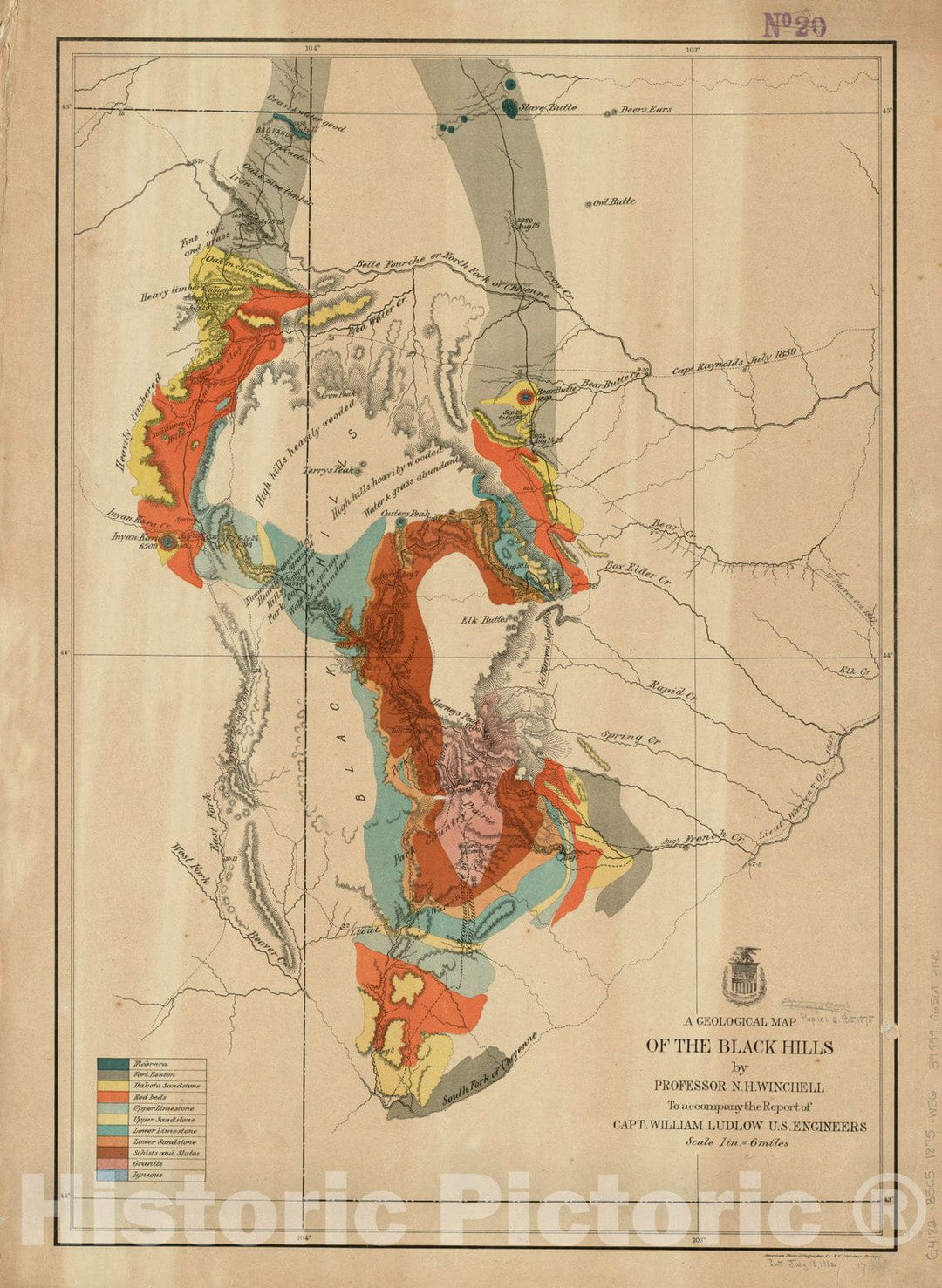 Historical Map, 1875 A geological map of the Black Hills, Vintage Wall Art