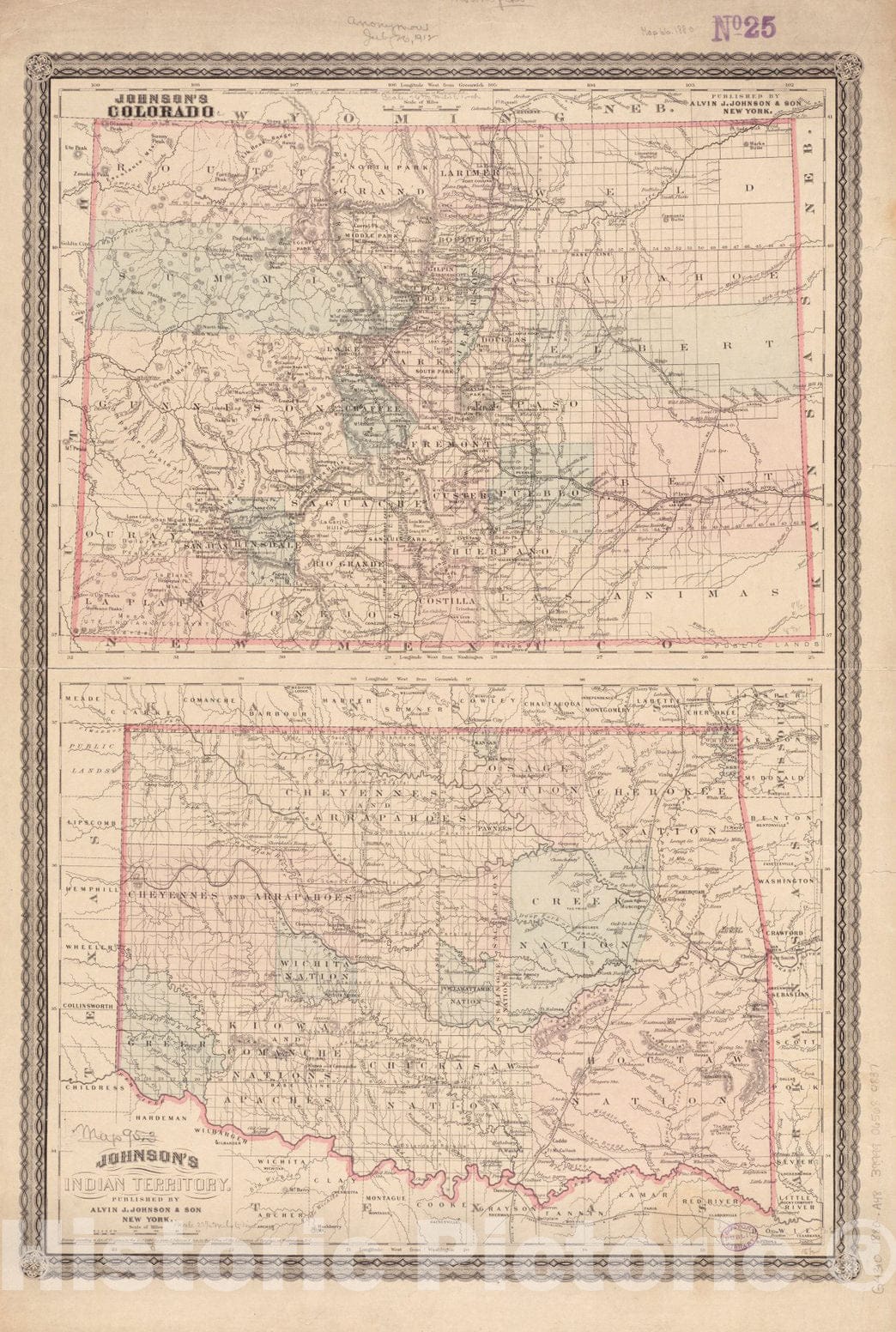 Historical Map, ca. 1880 Johnson's Colorado ; Johnson's Indian Territory, Vintage Wall Art