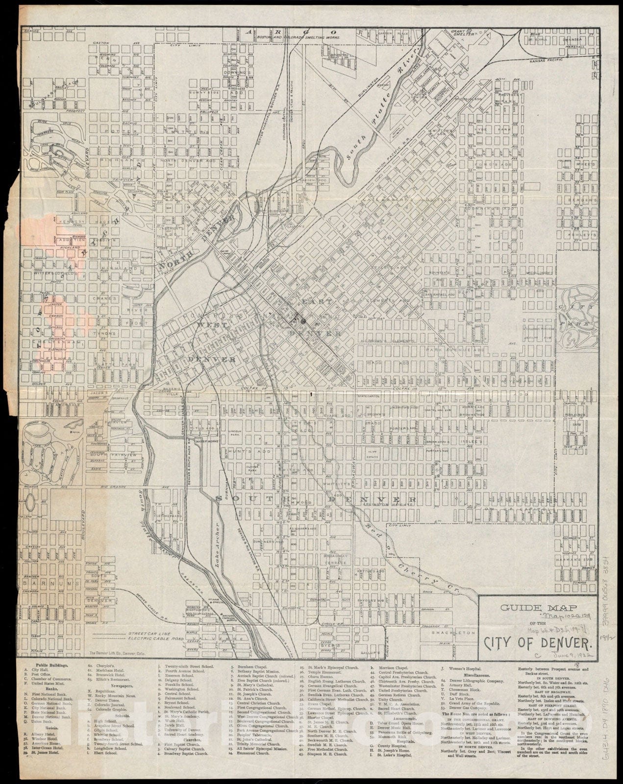 Historical Map, 1890-1899 Guide map of the city of Denver, Vintage Wall Art