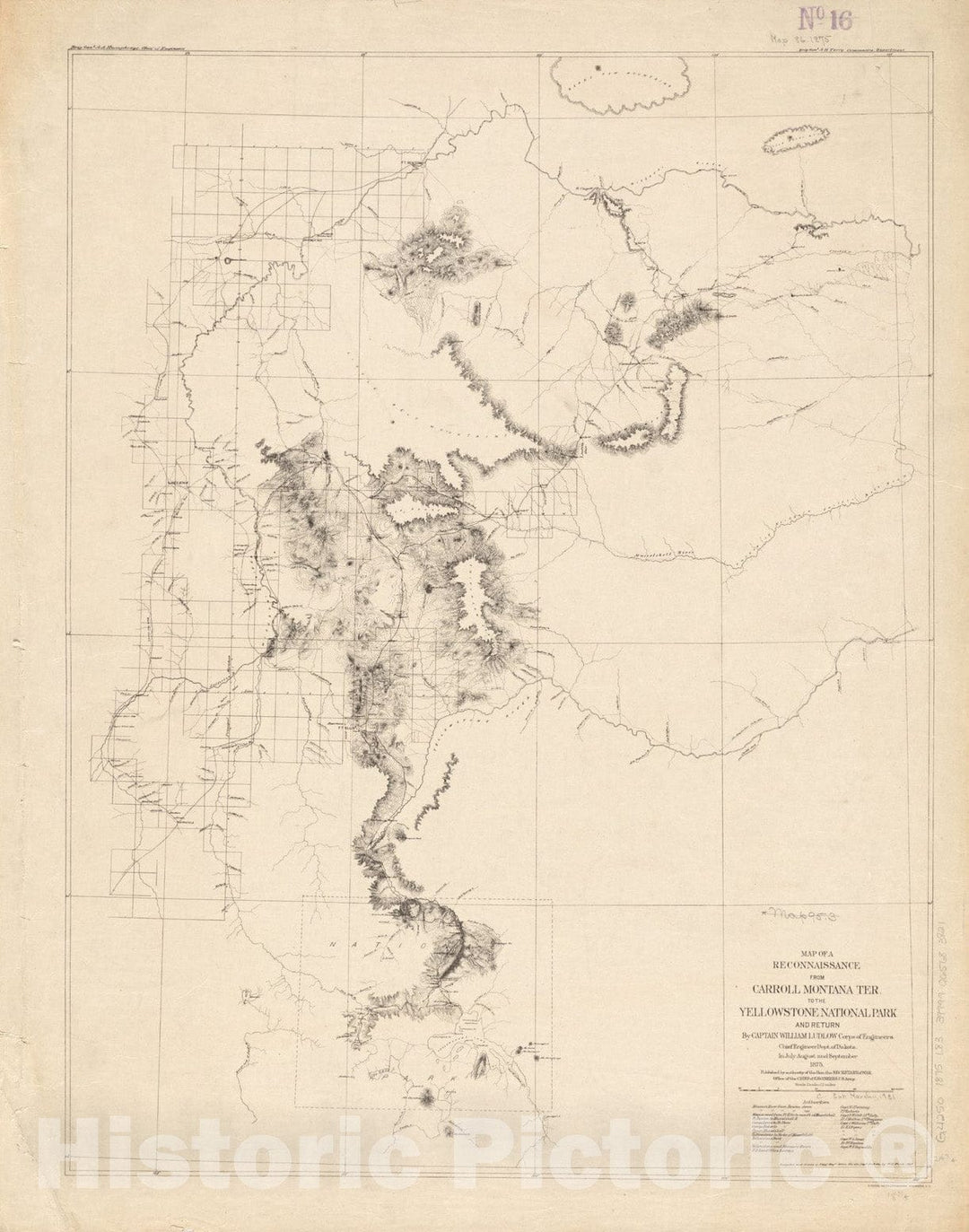 Historical Map, Map of a Reconnaissance from Carroll Montana TER. to The Yellowstone National Park and Return by Captain William Ludlow, Corps of Engineers, Chief Eng, Vintage Wall Art