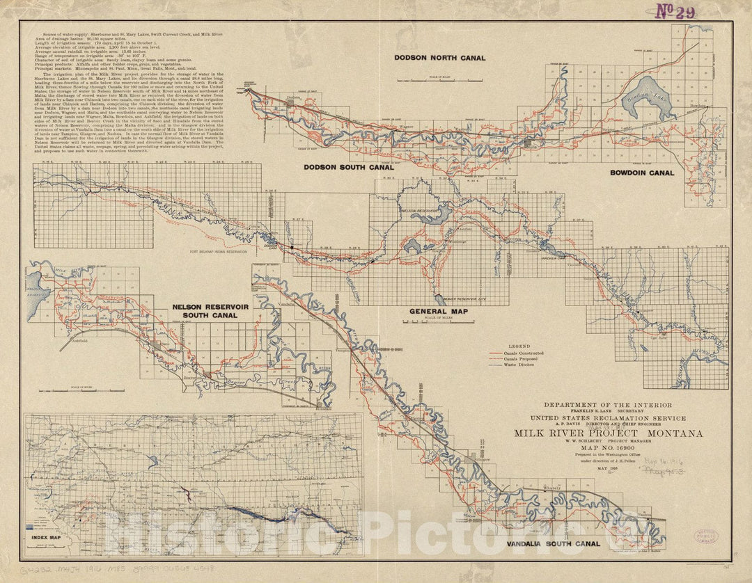 Historical Map, 1916 Milk River Irrigation Project, Montana, Vintage Wall Art