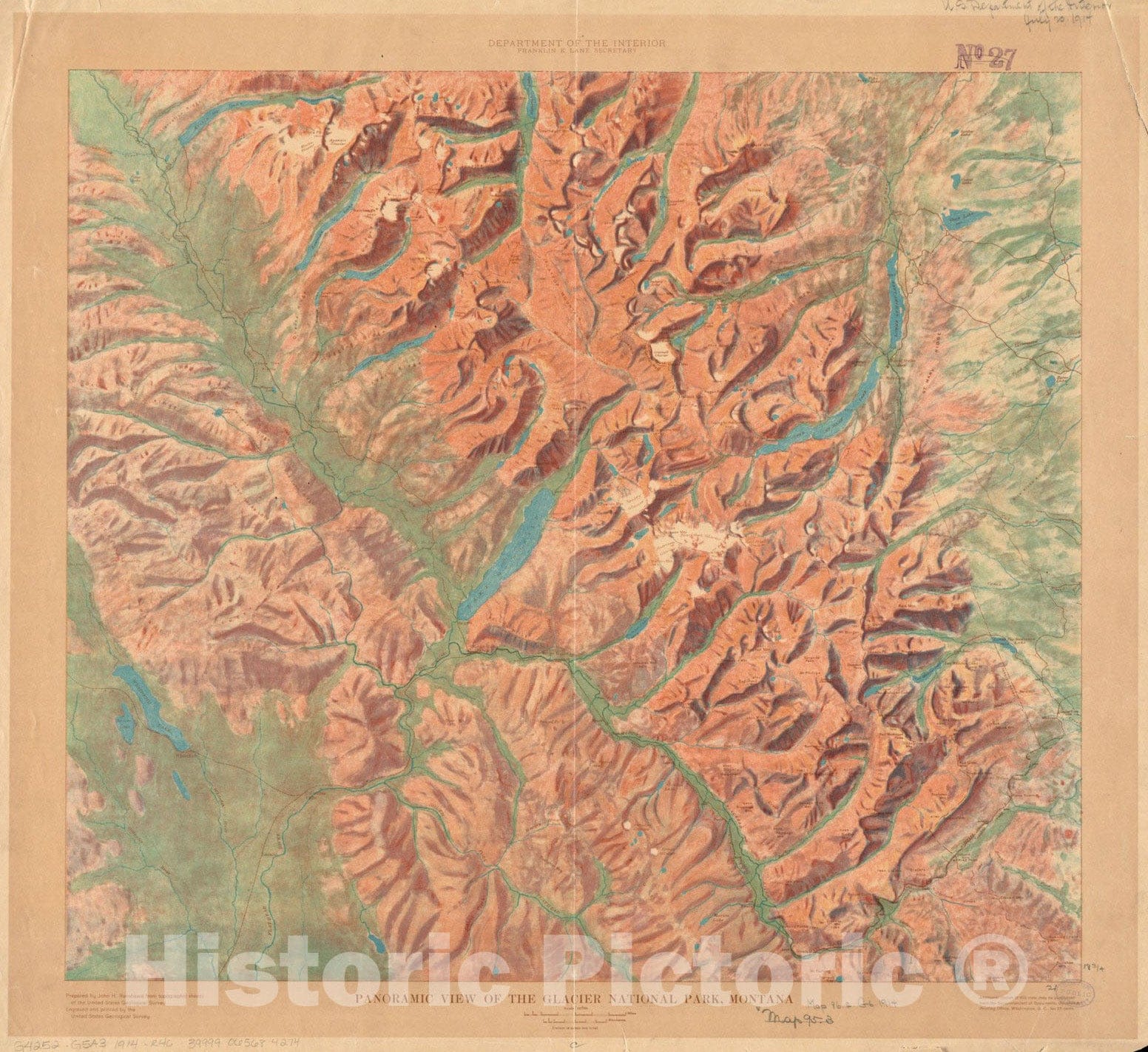 Historical Map, 1914 Panoramic View of The Glacier National Park, Montana, Vintage Wall Art