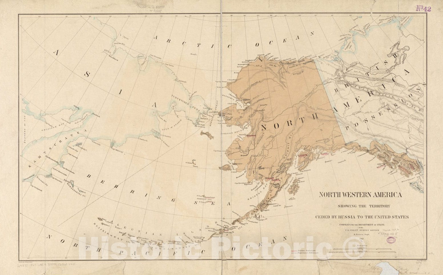 Historical Map, 1867 North western America showing the territory ceded by Russia to the United States, Vintage Wall Art