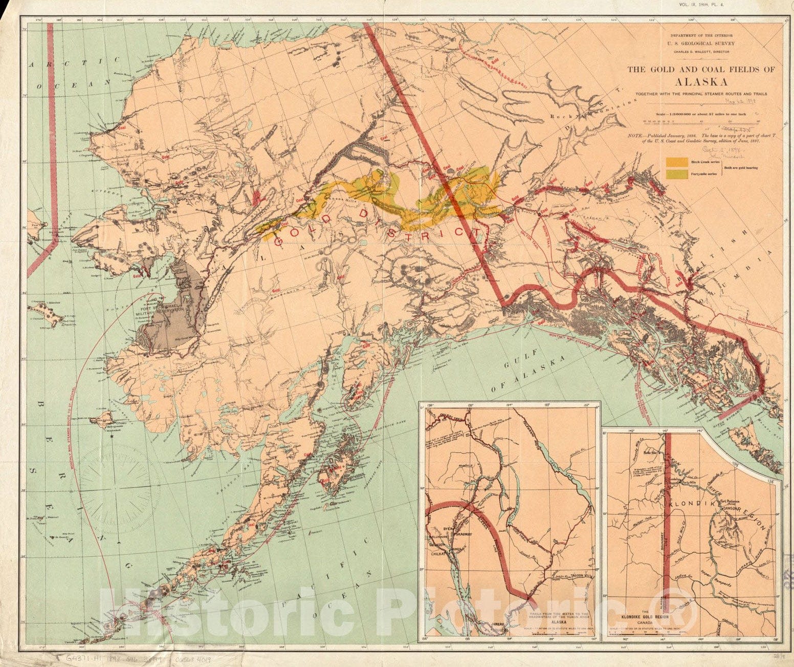 Historical Map, 1898 The Gold and Coal Fields of Alaska : Together with The Principal Steamer Routes and Trails, Vintage Wall Art