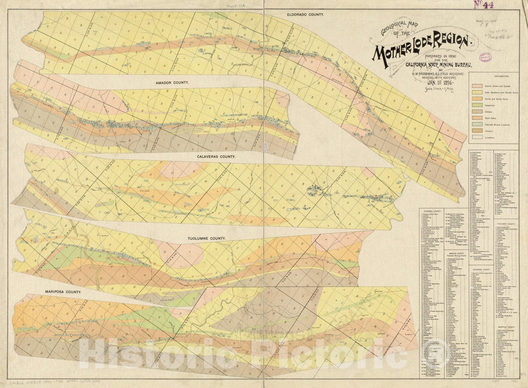 Historical Map, 1896 Geological map of the Mother Lode region, Vintage Wall Art