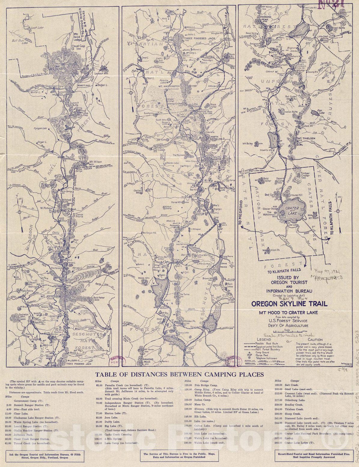 Historical Map, 1921 Oregon Skyline Trail : Mt. Hood to Crater Lake, Vintage Wall Art