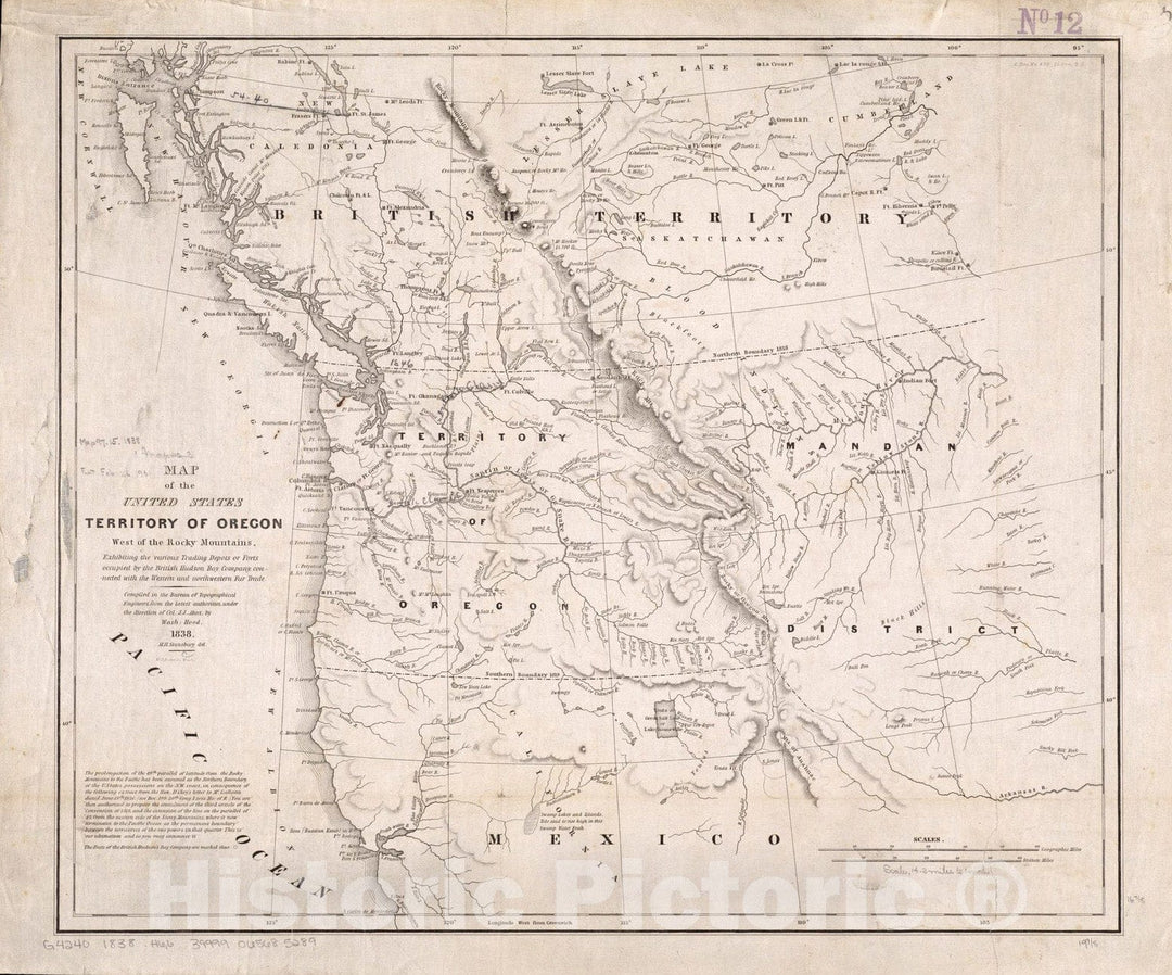 Historical Map, 1838 Map of The United States, Territory of Oregon, west of The Rocky Mountains, exhibiting The Various Trading depots or forts, Vintage Wall Art