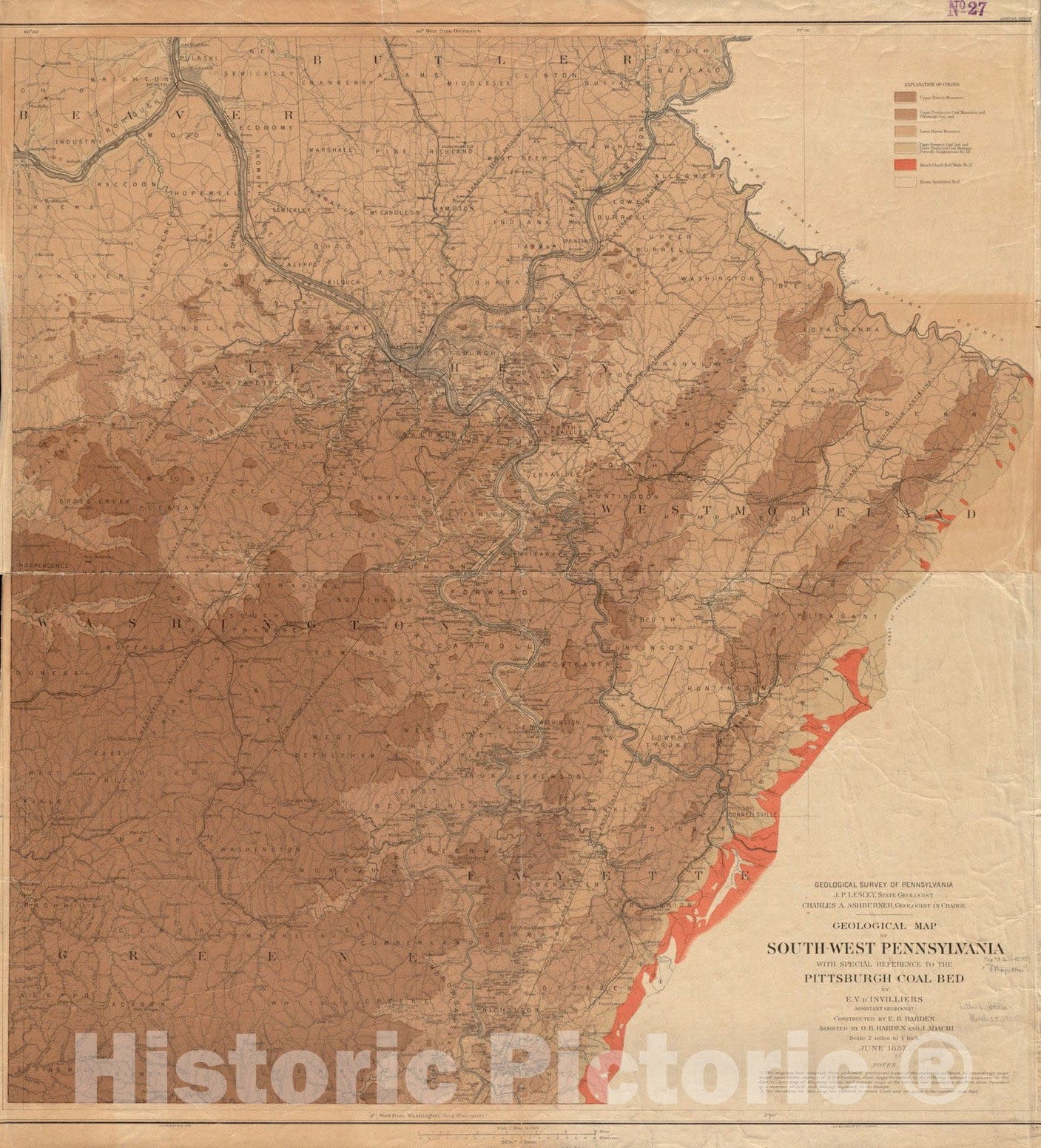 Historical Map, 1887 Geological map of South-west Pennsylvania, with Special Reference to The Pittsburgh Coal Bed, Vintage Wall Art